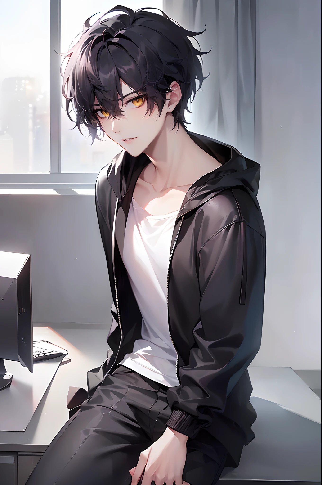(4K works))、masterpiece、(top-quality)、((Black bedroom in the middle of the night))、mid night、In the black bedroom at midnight、((Window with a view of the starry sky))、((I can see the dark sky from the window))、((dark ilumination))、Korean Male、Adult male、((Adult male 26 years old))、((Face similar to Hyun Jin))、Cool Men、tall、((Irritated face))、((Strong eyes))、((Wearing a white T-shirt and a black hooded jacket、Wearing long black pants))、((Wear a black mask))、((smaller face))、Slim body、((hooligan))、((Black short-haired))、((Yellow eyes))、((shot from a side angle))、((Shot alone))、((Solo Photography))、((He is in PC gaming))、((He is sitting in front of the PC))、((In front of him is a PC))