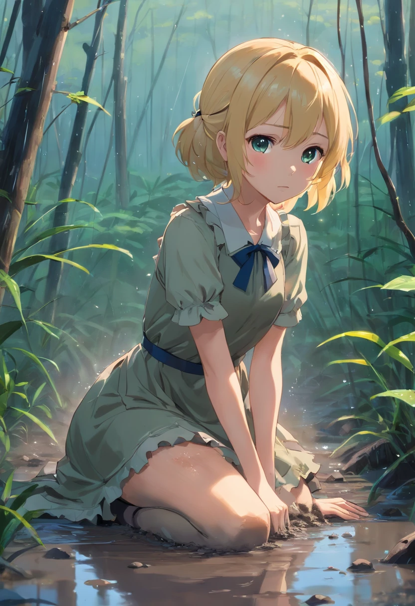 a beaten, wet, mud-covered blond little lolita in a completely dirty dress and tights crawls through a dirty deep swamp in the rain, her dress is riddled with mud.