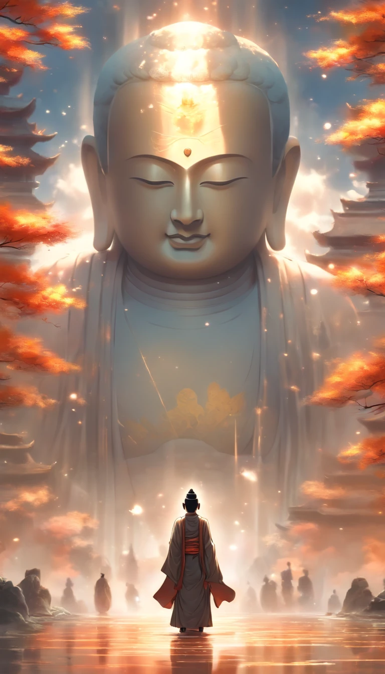 China-style，In the distance, A huge tall Buddha statue stands in space，Gaze at the earth，Standing Buddha statue，with light glowing，Glow effects，Pilgrims on the road，Hyper-realistic，Ultra photo realsisim，Real Photographics，8K，High definition，high qulity，Works of masters，super-fine，Chinese black and white ink style，（（（white colors））），Decolorization，Smudge，ink，8K，super-fine，high qulity，（（（OC renderer）））
