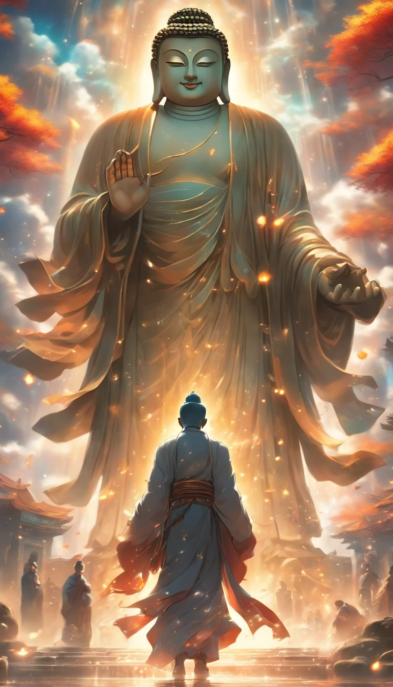 China-style,In the distance, A huge tall Buddha statue stands in space,Gaze at the earth,Standing Buddha statue,with light glowing,Glow effects,Pilgrims on the road,Hyper-realistic,Ultra photo realsisim,Real Photographics,8K,High definition,high qulity,Works of masters,super-fine,Chinese black and white ink style,(((white colors))),Decolorization,Smudge,ink,8K,super-fine,high qulity,(((OC renderer)))