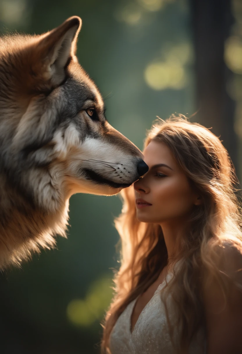 A huge wild gray wolf protecting a beautiful girl
(masterpiece: 1.5) (photorealistic: 1.1) (bokeh) (best quality) (detailed skin texture pores hair: 1.1) (intricate) (8k) (HDR) (wallpaper) (cinematic lighting) (sharp focus )