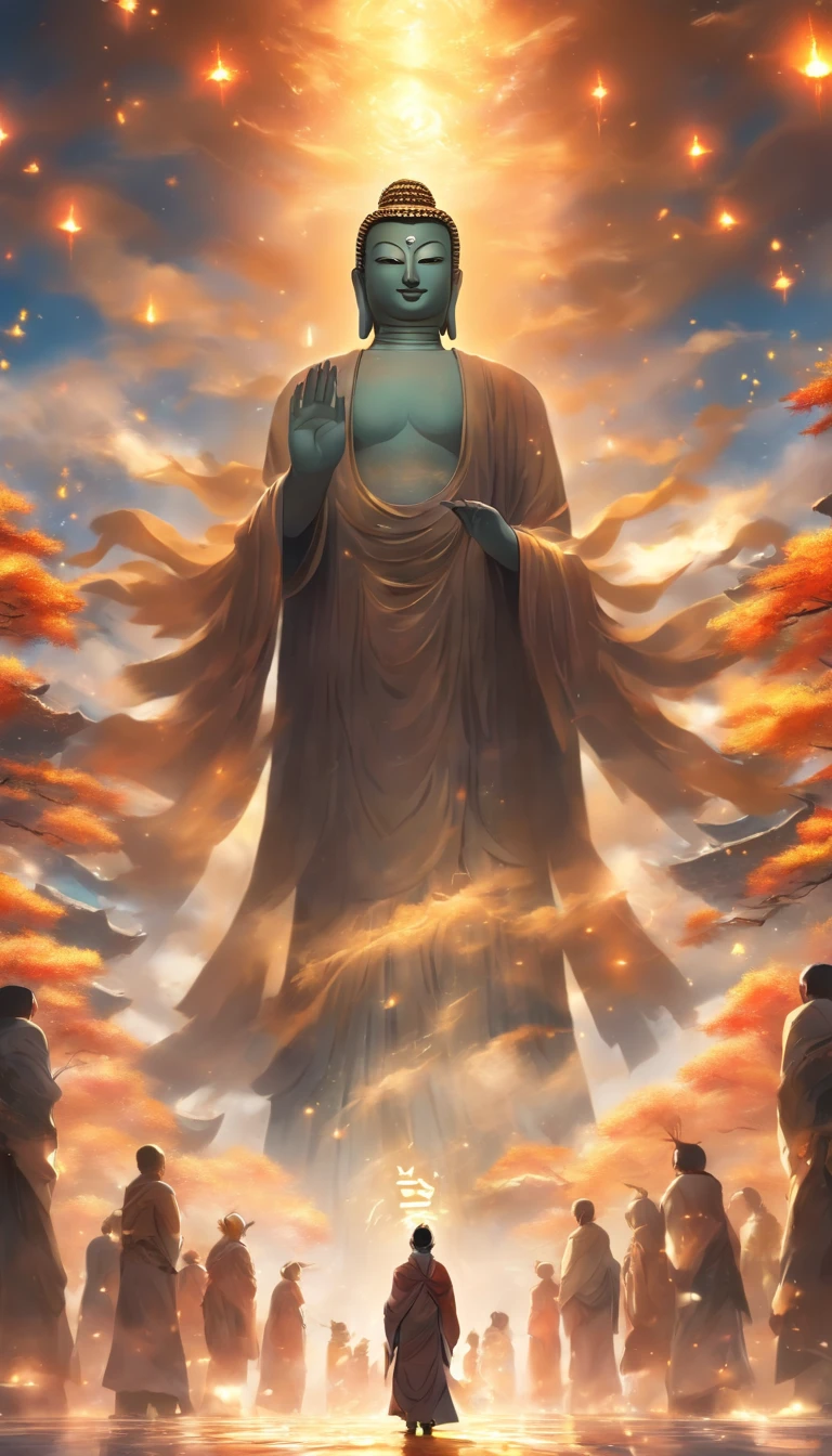China-style,In the distance, A huge tall Buddha statue stands in space,Gaze at the earth,Standing Buddha statue,with light glowing,Glow effects,Pilgrims on the road,Hyper-realistic,Ultra photo realsisim,Real Photographics,8K,High definition,high qulity,Works of masters,super-fine,Chinese black and white ink style,(((white colors))),Decolorization,Smudge,ink,8K,super-fine,high qulity,(((OC renderer)))
