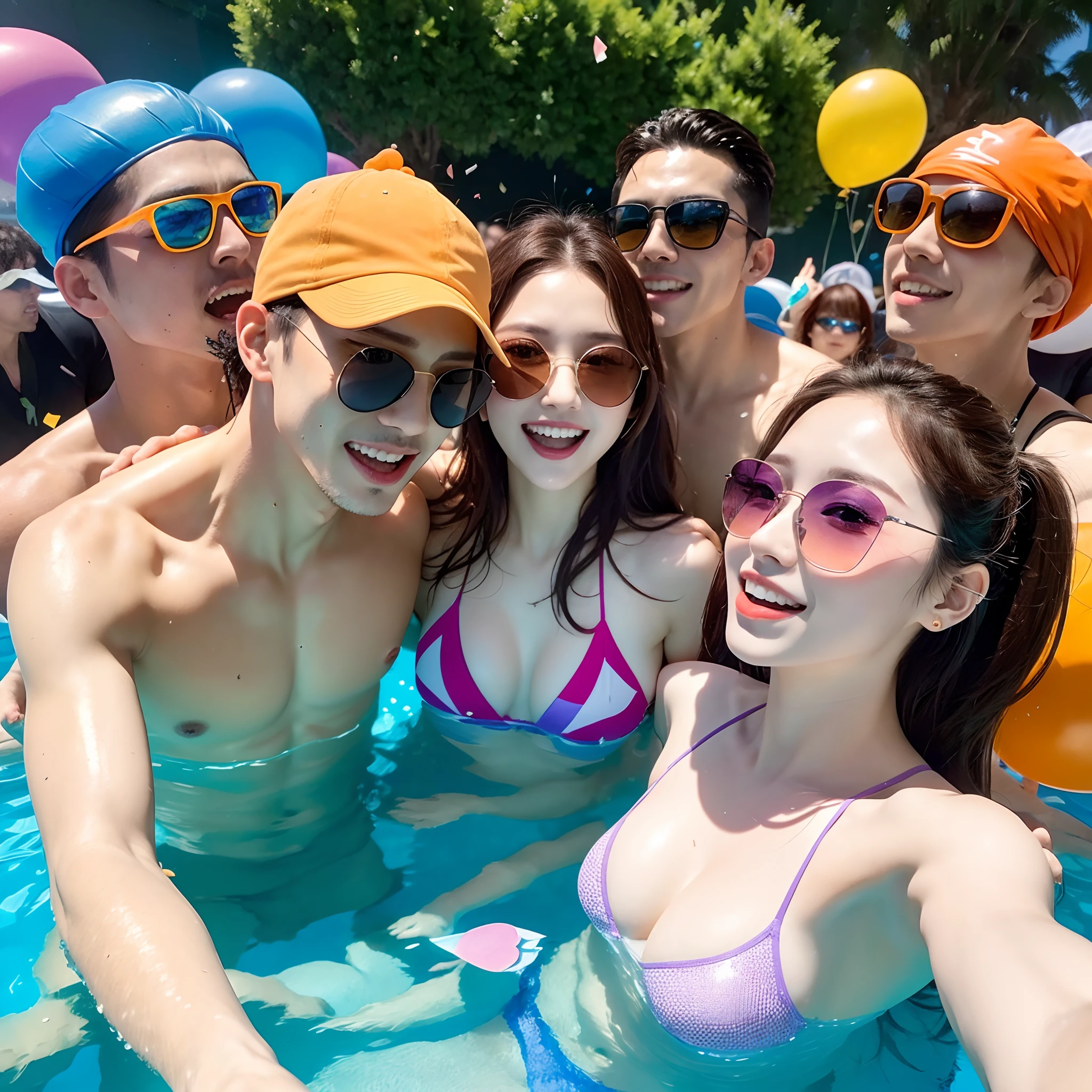 (masterpiece, best quality), beautiful group of men and woman swimming in a pool, polarized sunglasses, pool party, balloons and confetti, cakes everywhere, orange and purple,, bright colors, clean lines, photorealistic, close-up shot