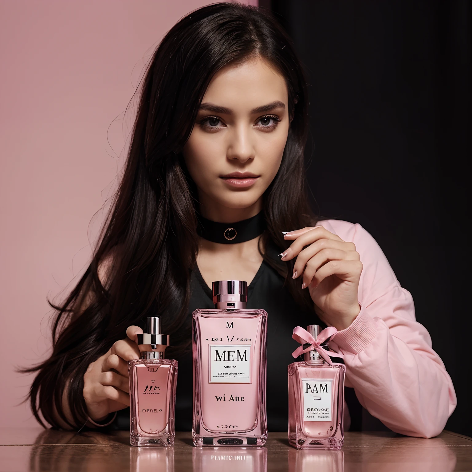 An image to advertise and sell perfume and cologne with a description of the perfume and a pink and black background and edit that for instagram post by caption