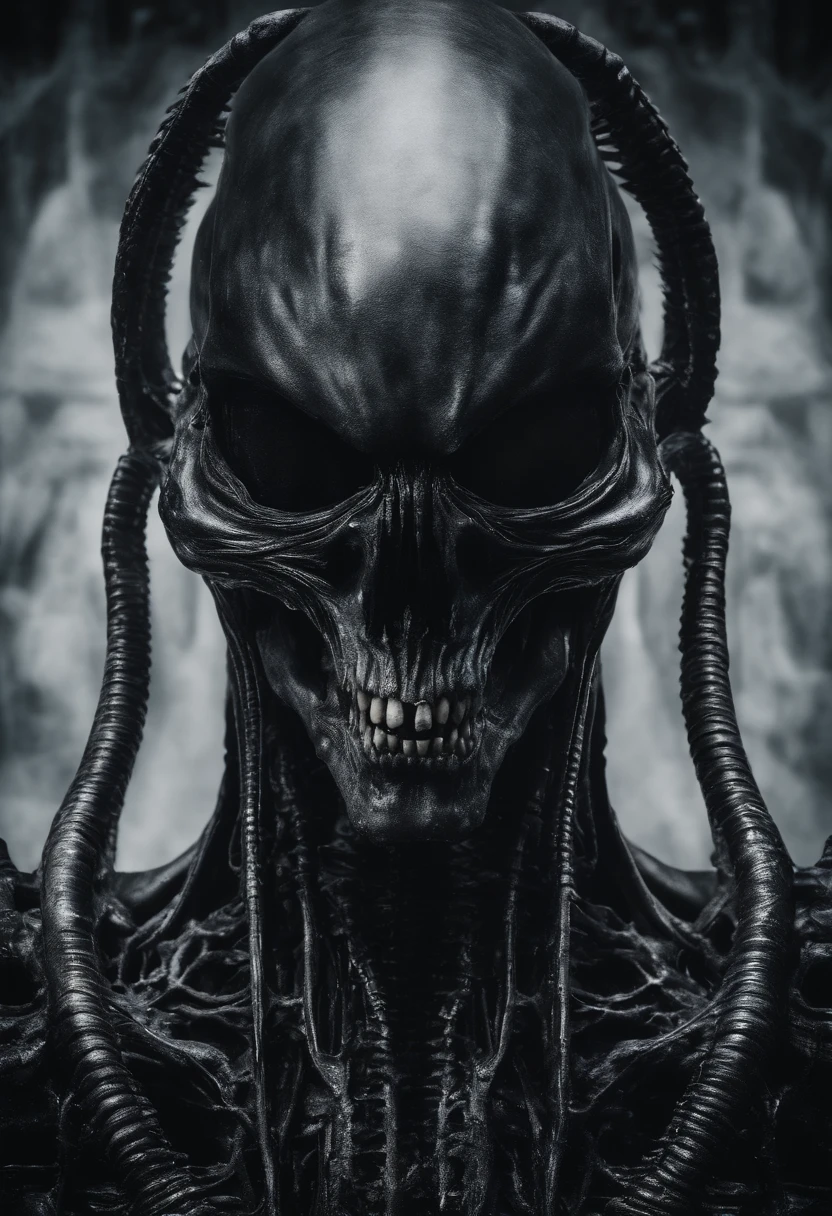 Photographic still of a Xenomorph from the movie “Alien”, translucent skull, no eyes, drooling