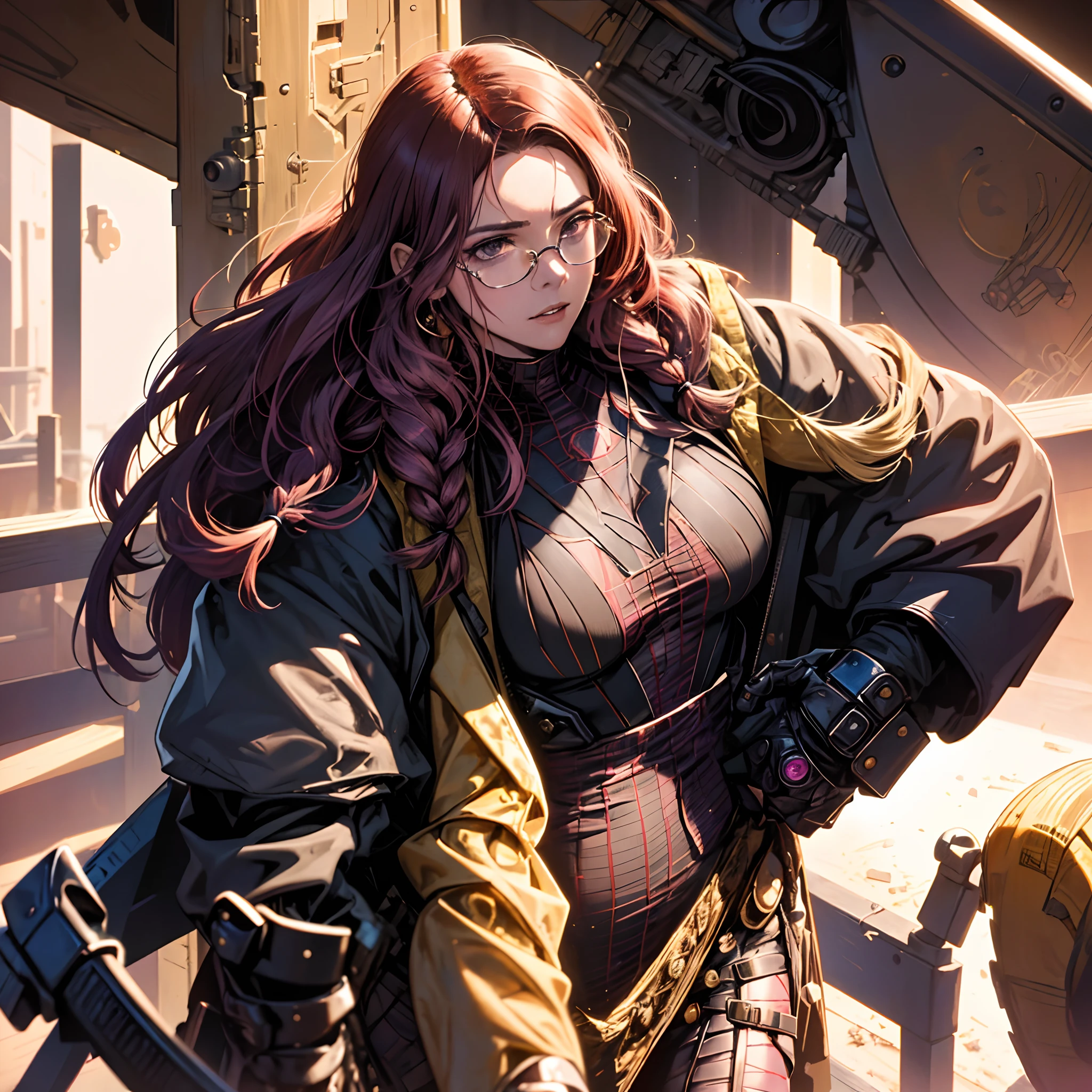 marvel comic panel, make a 23 year old with chest length hair in braids with round thin gold glasses, wearing a pink black spider man suit, with brown eyes, with a faded scar on her cheek, doing dramatic pose