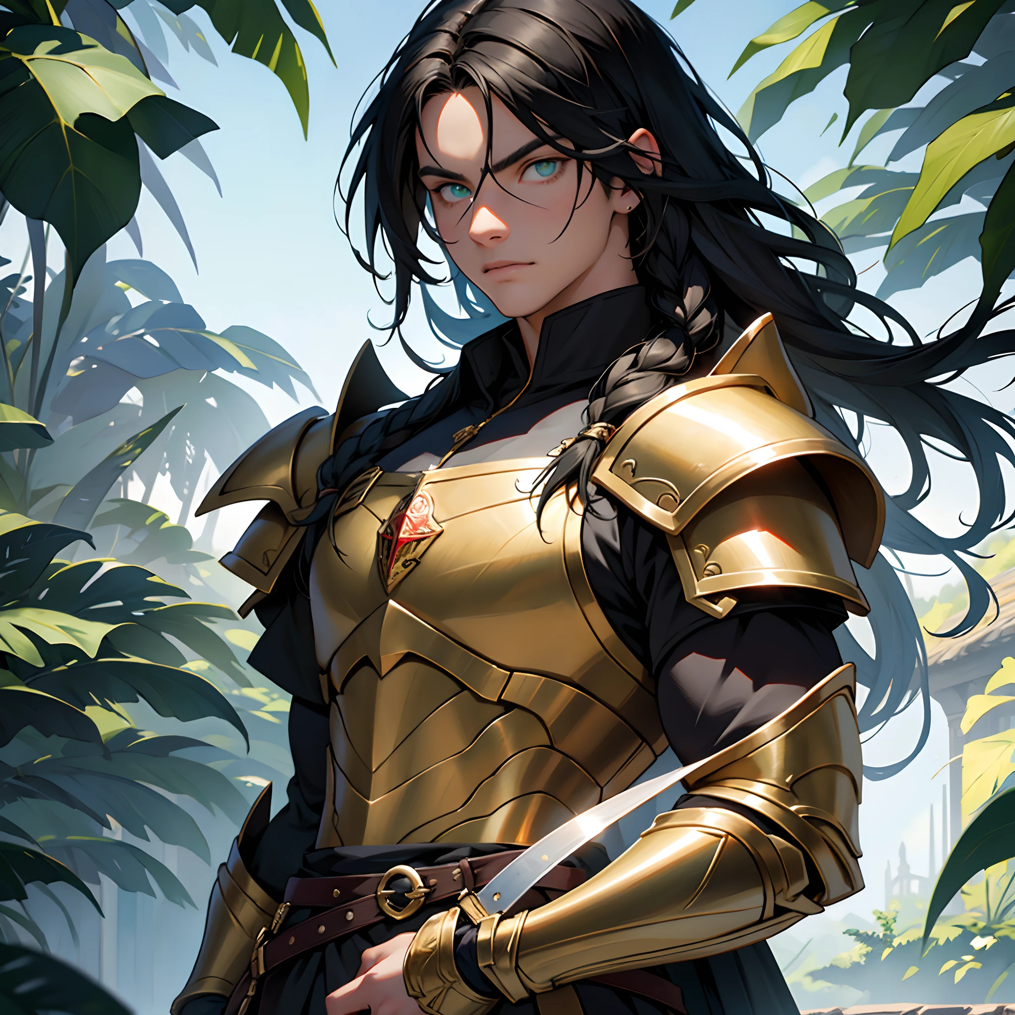 black hair, masculine man, long hair, straight hair, bright green eyes, eye reflection, medieval armor, teenager, , Pálacio Ambience, beautiful appearance, anatomically correct, masterpiece, super detail, high quality, best quality