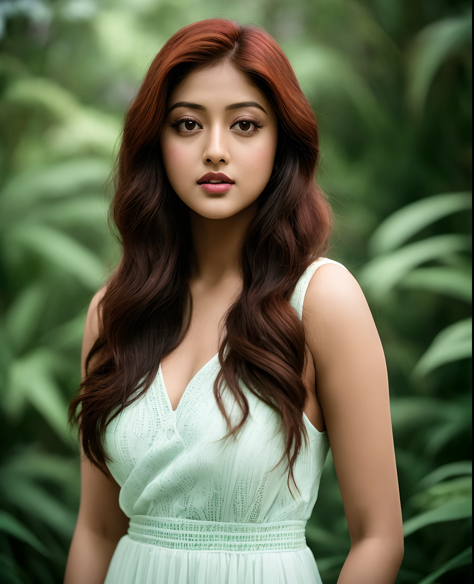 Anu Emmanuel, 1woman,in the dark, film grain, award winning photo, (green tint:0.5), looking to the side, redhead