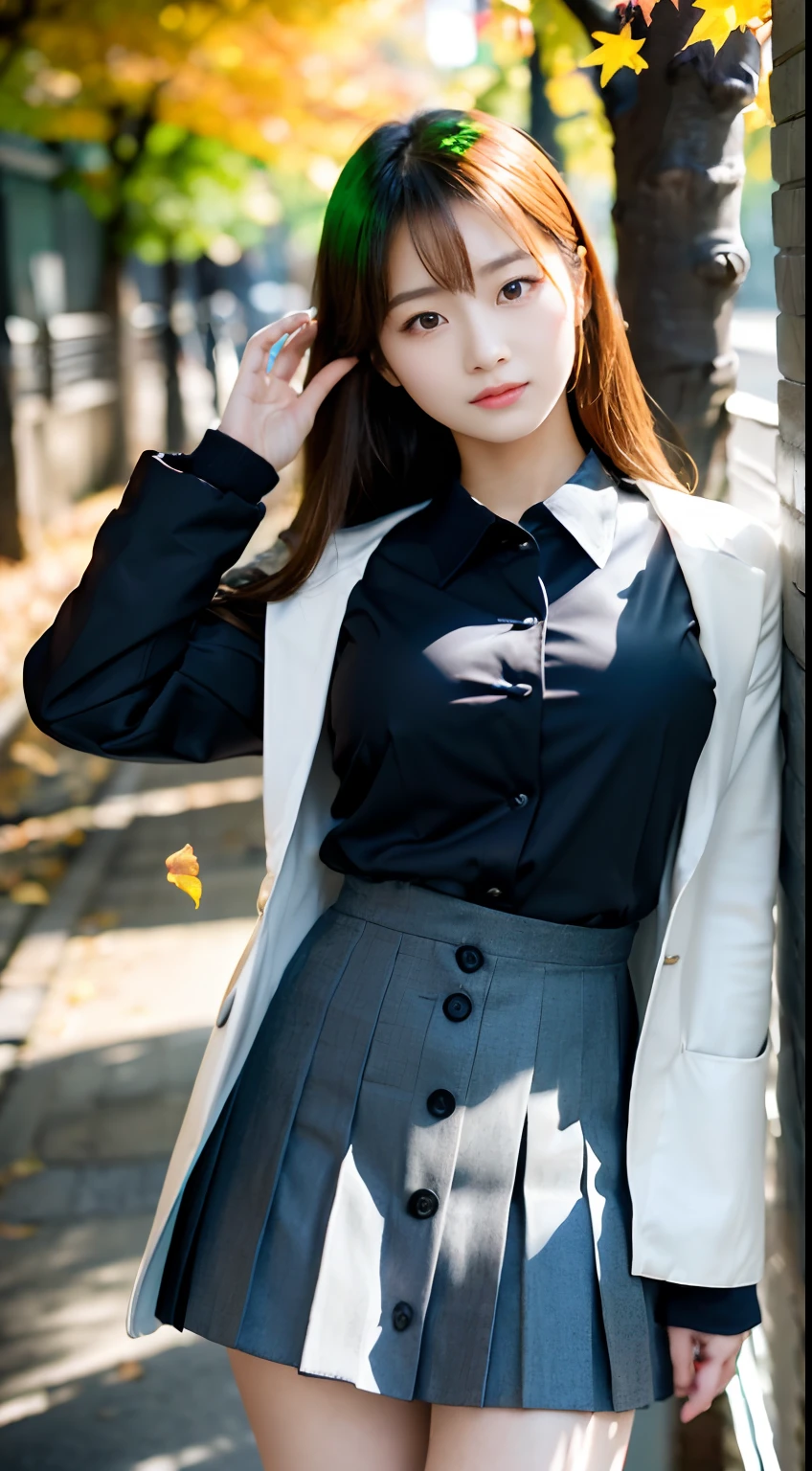 mix4, (16 K, Raw photography, Top image quality, masterpiece: 1.45), (realisitic, Photorealsitic: 1.37), one girls, Random hairstyle、Standing figure,Glossy bean peel、Night Time Zone、Whitening and shiny skin、a very cute,a park,tree, profetional lighting, photon maping、physically-based renderingt, Gradient dark brown hair,, a handsome, Well-groomed and beautiful eyes、Large double eyelids、Very shiny、girl with, (((校服、Winter clothes、Uniforms worn by Japan female students、White shirt、White jacket with buttons that don't stop、Black mini skirt、high socks、lowfers))), Top Quality Photos, hight resolution, 1080p, (clearface), (Detailed face description), (Detailed hand description), (masterpiece), (Exquisite CG)、extreme light and shadows、dishevled hair、master work、abundant detail、(Fine facial features)、(top quality photo)、(masuter piece)、(A detailed eye)、Looking at the camera、Fine clavicle、((Slender big))、(((Japan schoolgirl in uniform)))、((Ready Idol System))、((a park))、(((neat and cute)))、耳Nipple Ring、A big smile、Drawing the whole body from the knees、Do not draw nasolabial folds、(((Cute uniform)))、(Big breasts that hang down big:1.4)、Big buttocks with tension、Two arms and two legs、(((from the front side:0.6)))、bare hand、No mask、Ginkgo in autumn leaves