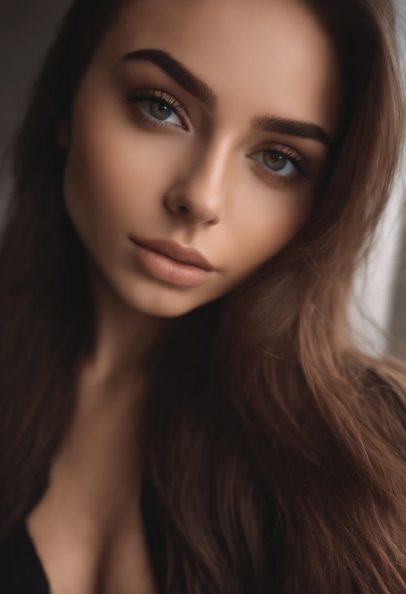 arafed woman with black clothes, sexy girl with brown eyes, portrait sophie mudd, brown hair and large eyes, selfie of a young woman, bedroom eyes, violet myers, without makeup, natural makeup, looking directly at the camera, face with artgram, subtle makeup, stunning full body shot, in bedroom, cleavage