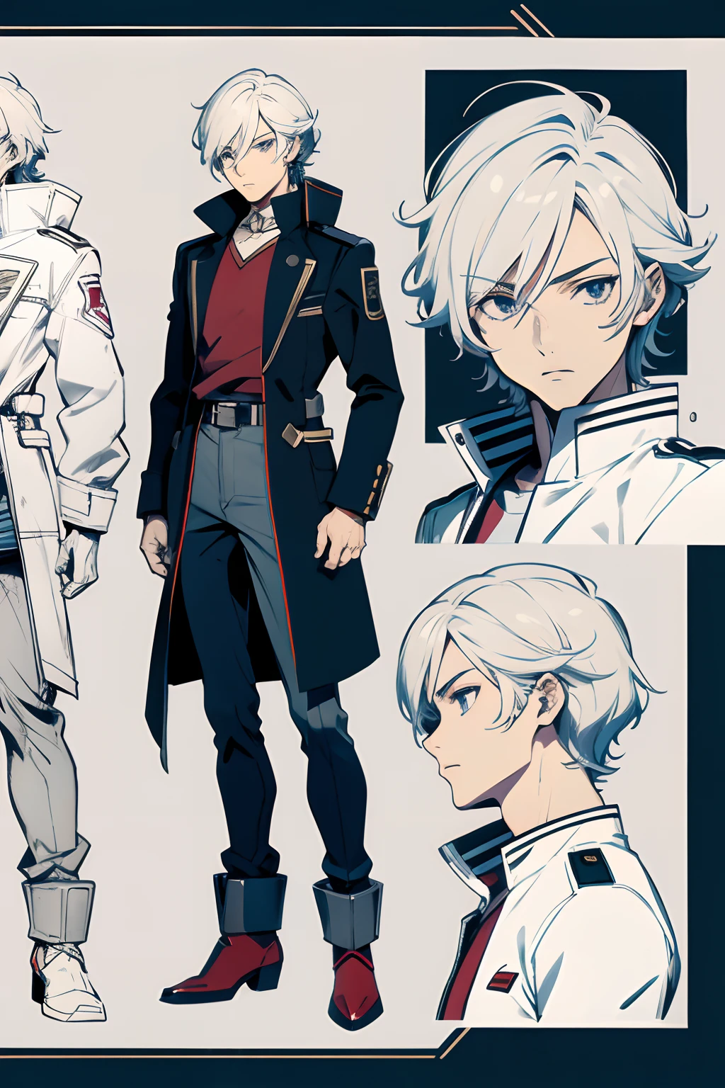 line-art, art book, character sheet, male, modern, Gundam character, reimagined
