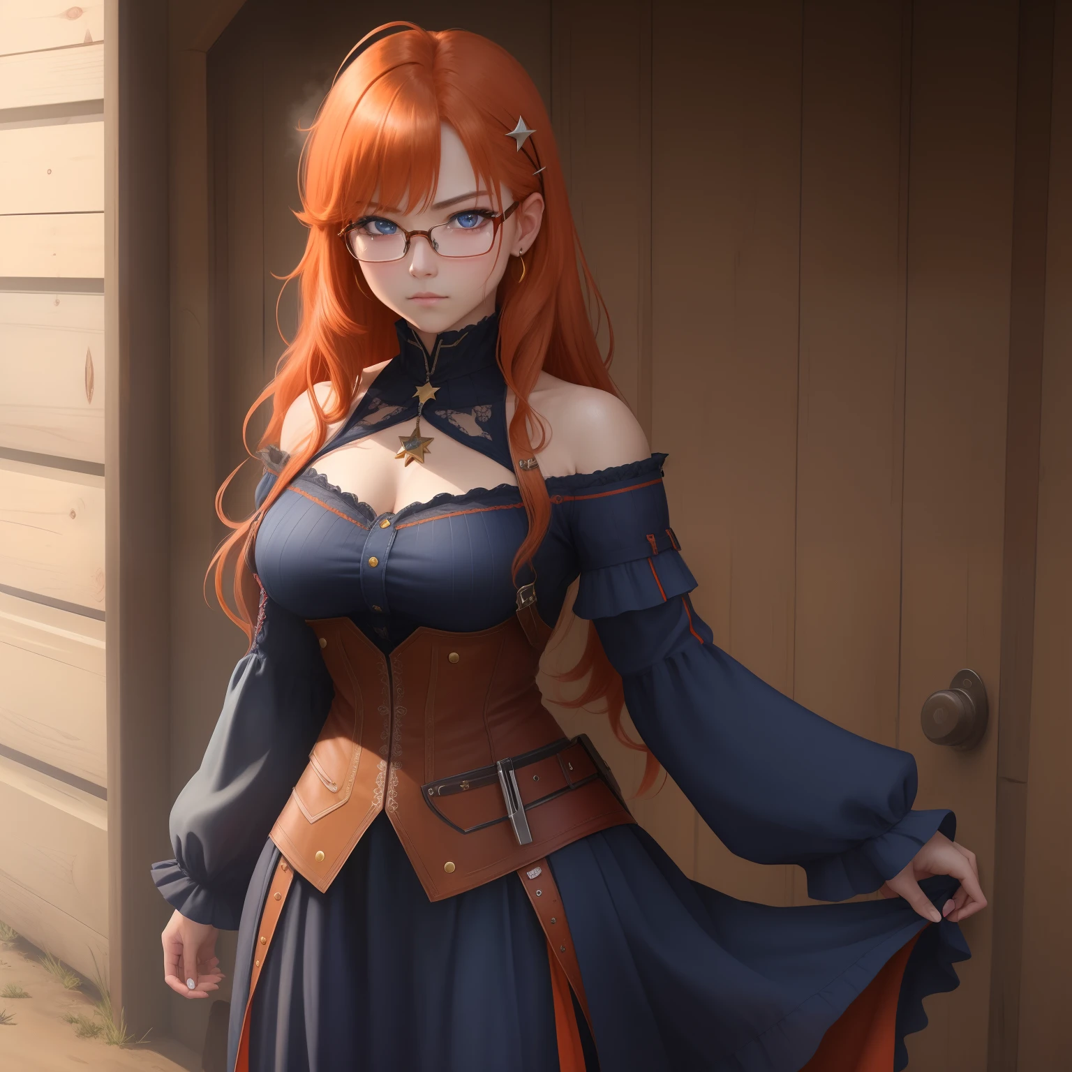 8k, masterpiece, best quality, realistic, higly detailed, cowboy shot, 1girl, solo, itsuki, serious looking girl, medium-length hair, expressive ahoge, reddish-orange hair, a pair of star-shaped hairpins near both of her eyes, dark blue eyes, average height, well-endowed figure, glasses, cute, Supervillain