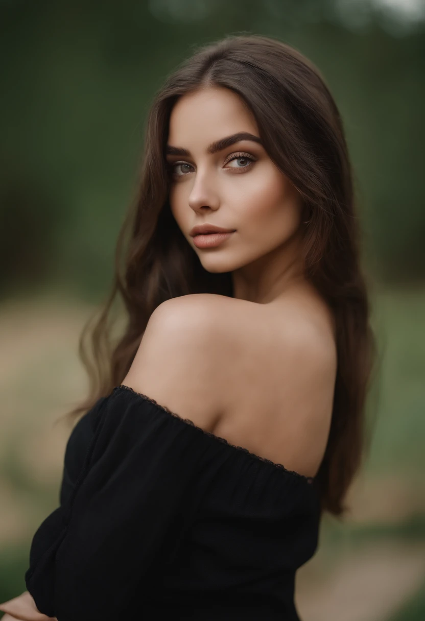arafed woman with black clothes, sexy girl with brown eyes, portrait sophie mudd, brown hair and large eyes, selfie of a young woman, bedroom eyes, violet myers, without makeup, natural makeup, looking directly at the camera, face with artgram, subtle makeup, stunning full body shot, in bedroom, cleavage