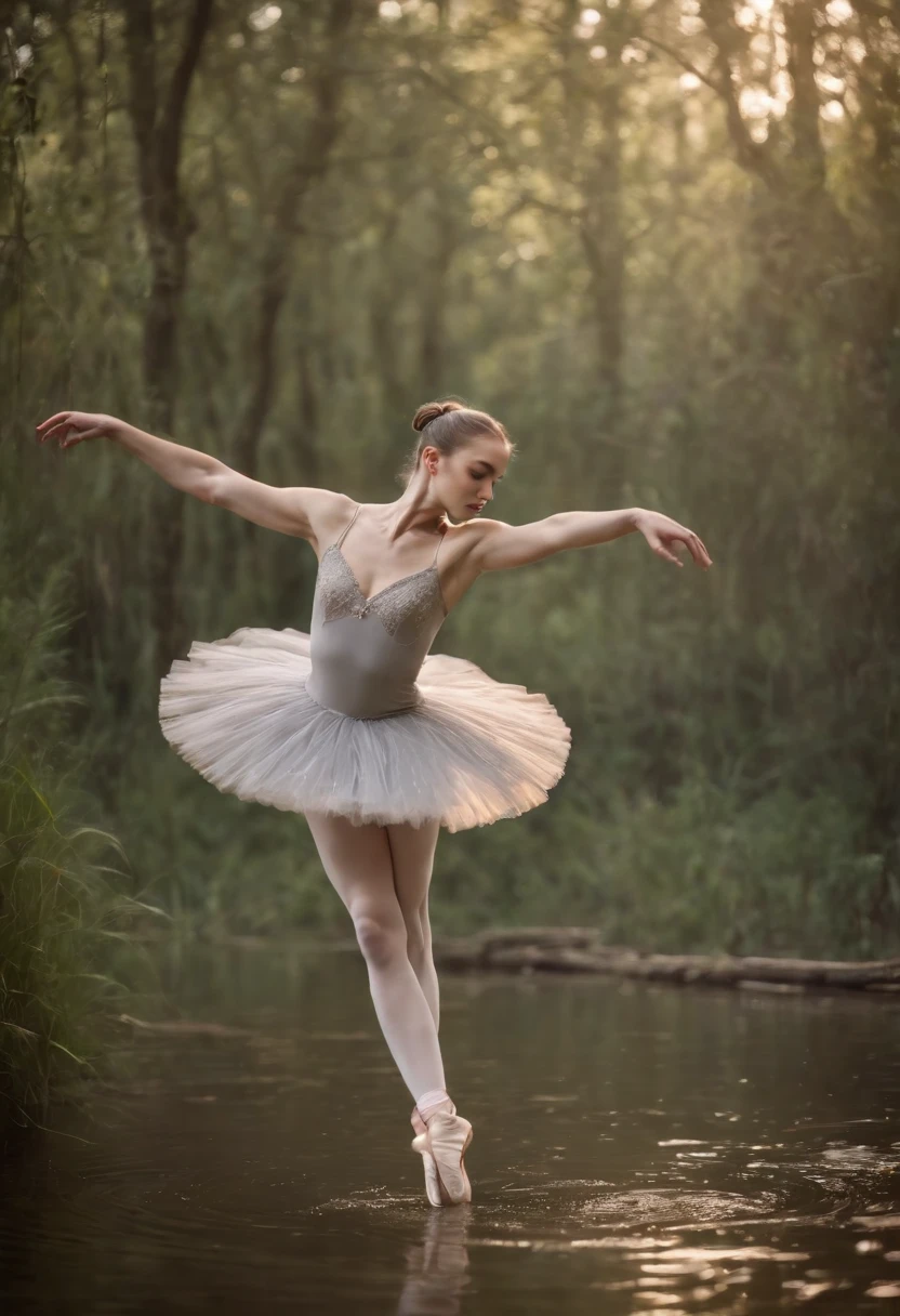 a ballerina in a lush tutu swims in a swamp