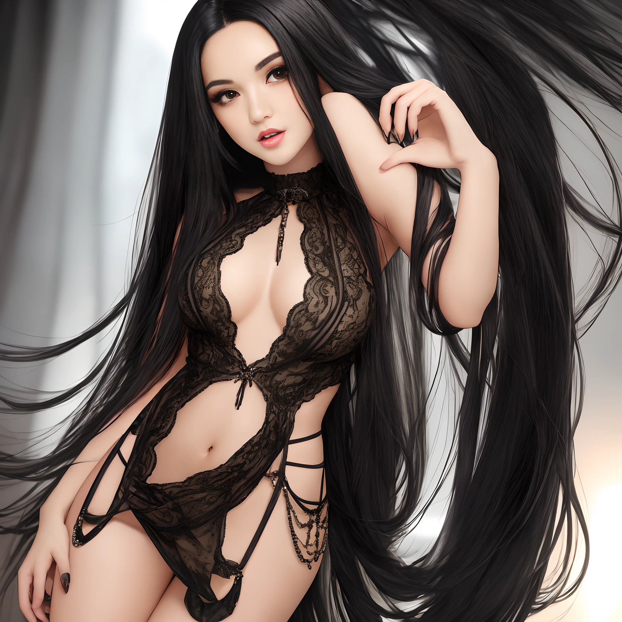 Latin full body sexy girl with long black hair in transparent lingery