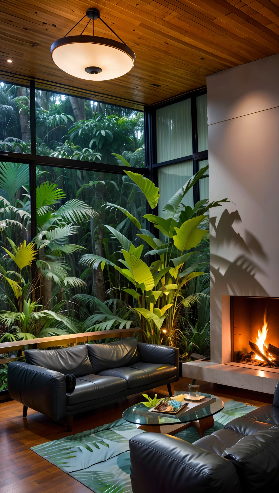 Sala de estar com vista para uma montanha e uma floresta, mountainous jungle setting, jungle setting, Como uma cena de Blade Runner, magical ambiance, pintura escura ultrarrealista, em um ambiente de selva, pleasant environment, floresta nublada, Selva bonita, ambiente mal-humorado, Selva exuberante, Inside an alien jungle, Plantas e selva, montanhas da floresta tropical, ambiente relaxante