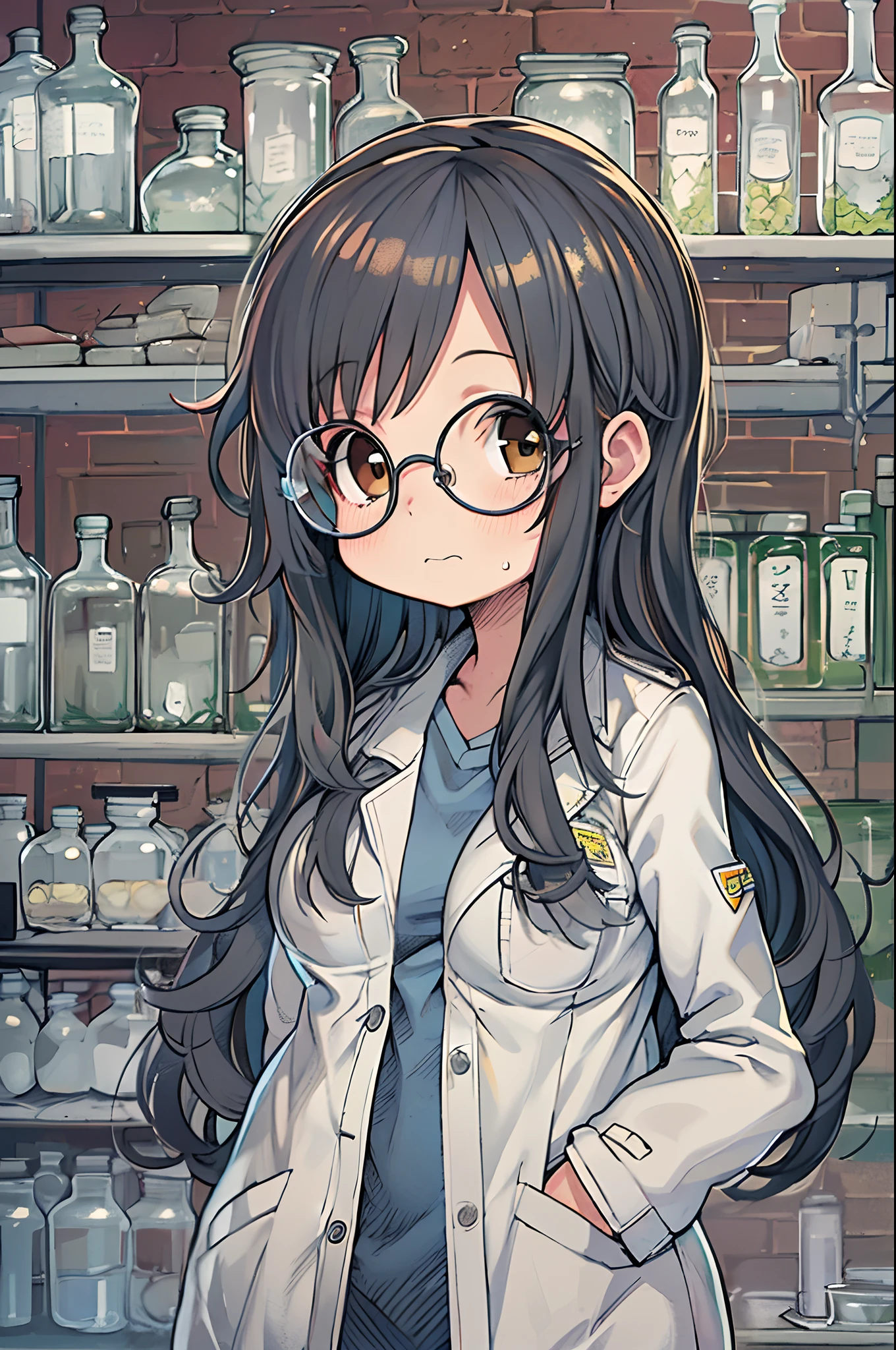 Chemical Fiction,flask ,Woman,,28 years old,Zito-order,Brown eyes,Long hairstyle,Unkempt hair、White-gray on black hair,Scientist uniform,White researcher coat,Open Meadow,lab room、stoop、big round glasses、with hands in pockets、huge-breasted、Chibi