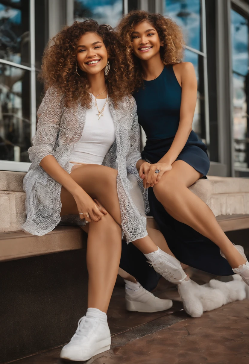 Show entire body, feet in view, aerial view, Zendaya and twin sister, curly hair, short skirt, body stocking,pantyhose, sneakers, outdoor mall, sunny day, smiling