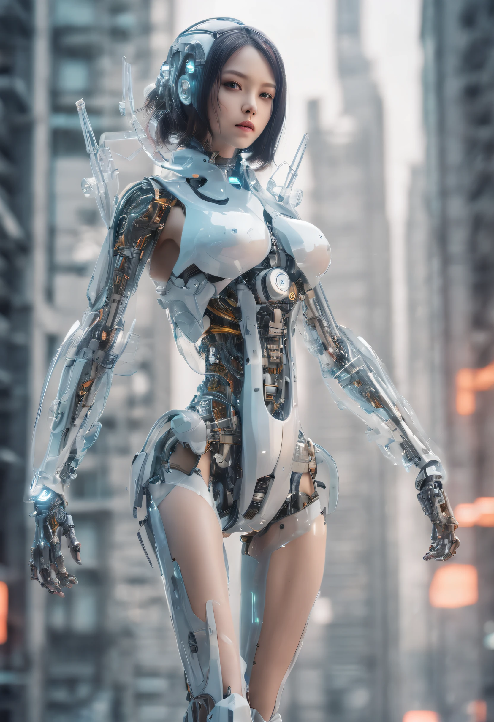 Translucent ethereal mechanical girl,Futuristic girl,Mechanical joints,mecha-girl,futuristic urban background