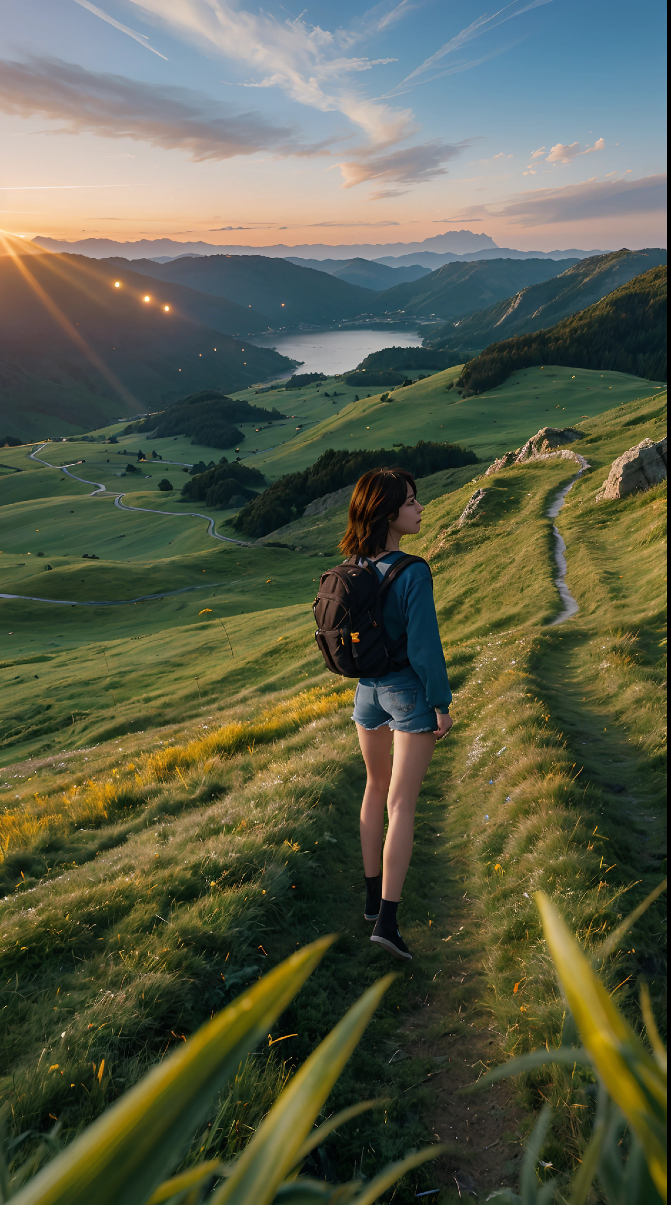 (beautiful and magnificent skyline, majestic sky), (extremely tense and dramatic pictures, moving visual effects), (high hanging Polaris, colorful natural light), (1girl), (long-sleeved top, denim shorts, carrying a backpack), (dynamic pose:1.3, black eyes, black hime-cut hair, sparkling girl)[:0.8], (large grassland), (oncoming breeze), (brown hair and background Coordination effect: 1.2), (close shot, long shot mix and match)[::0.9]