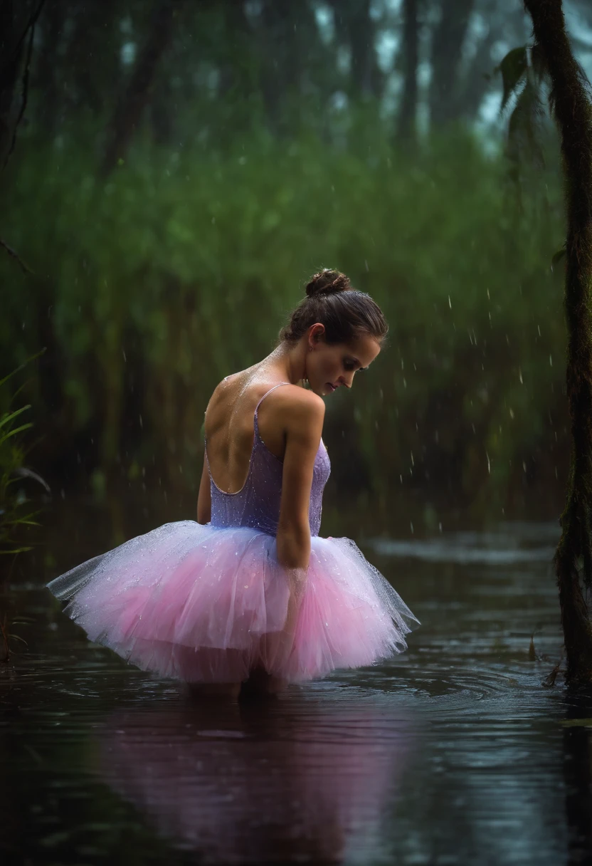 a wet ballerina in a fluffy tutu crawls in the swamp in the rain