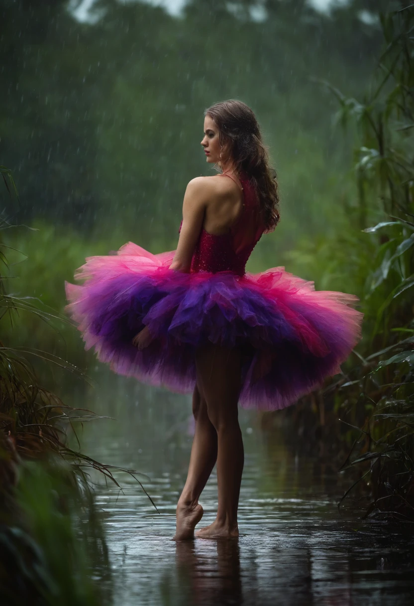 a wet ballerina in a fluffy tutu crawls in the swamp in the rain