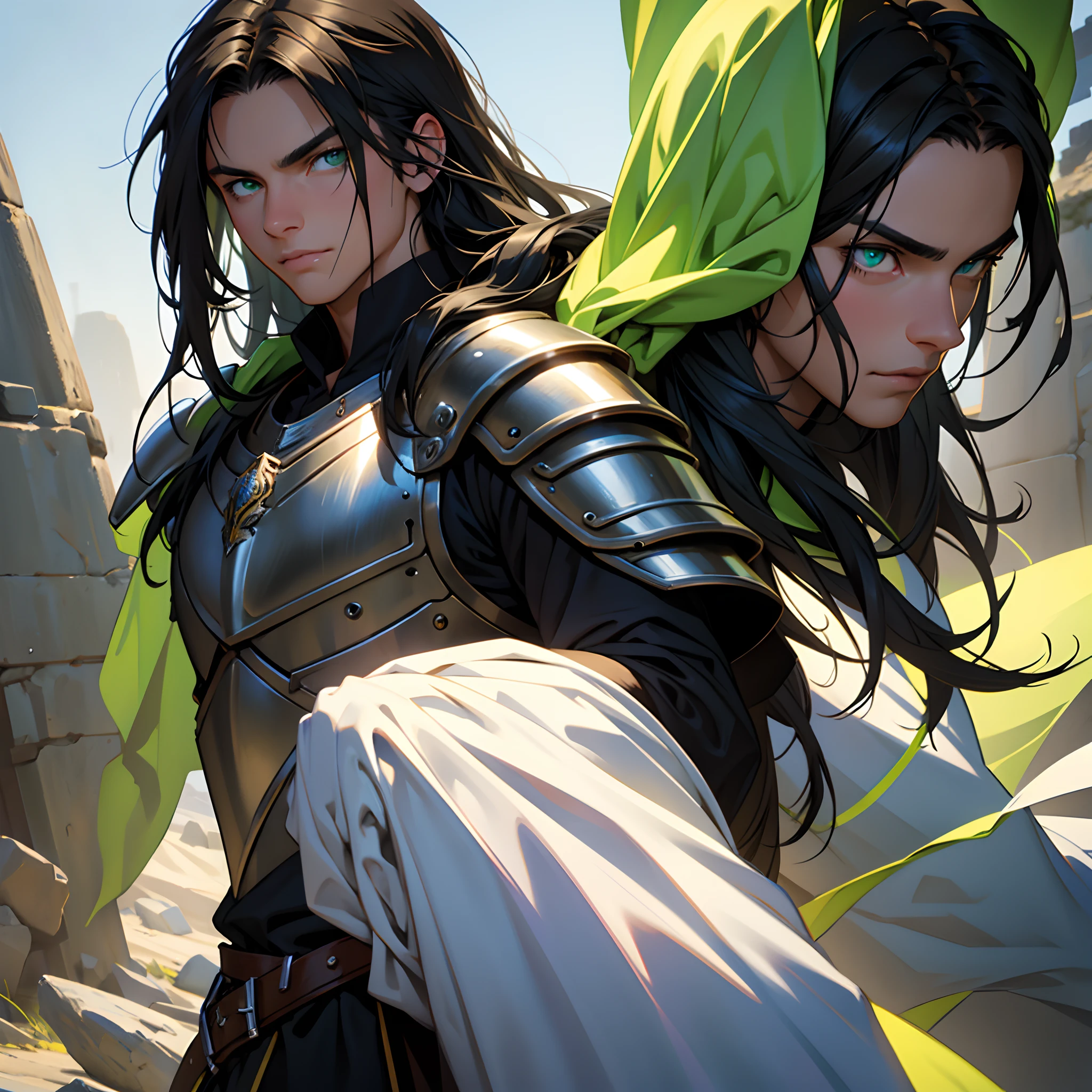 black hair, masculine man, long hair, straight hair, bright green eyes, eye reflection, medieval armor, teenager, eight years old, Pálacio Ambience, beautiful appearance, anatomically correct, masterpiece, super detail, high quality, best quality, 8k