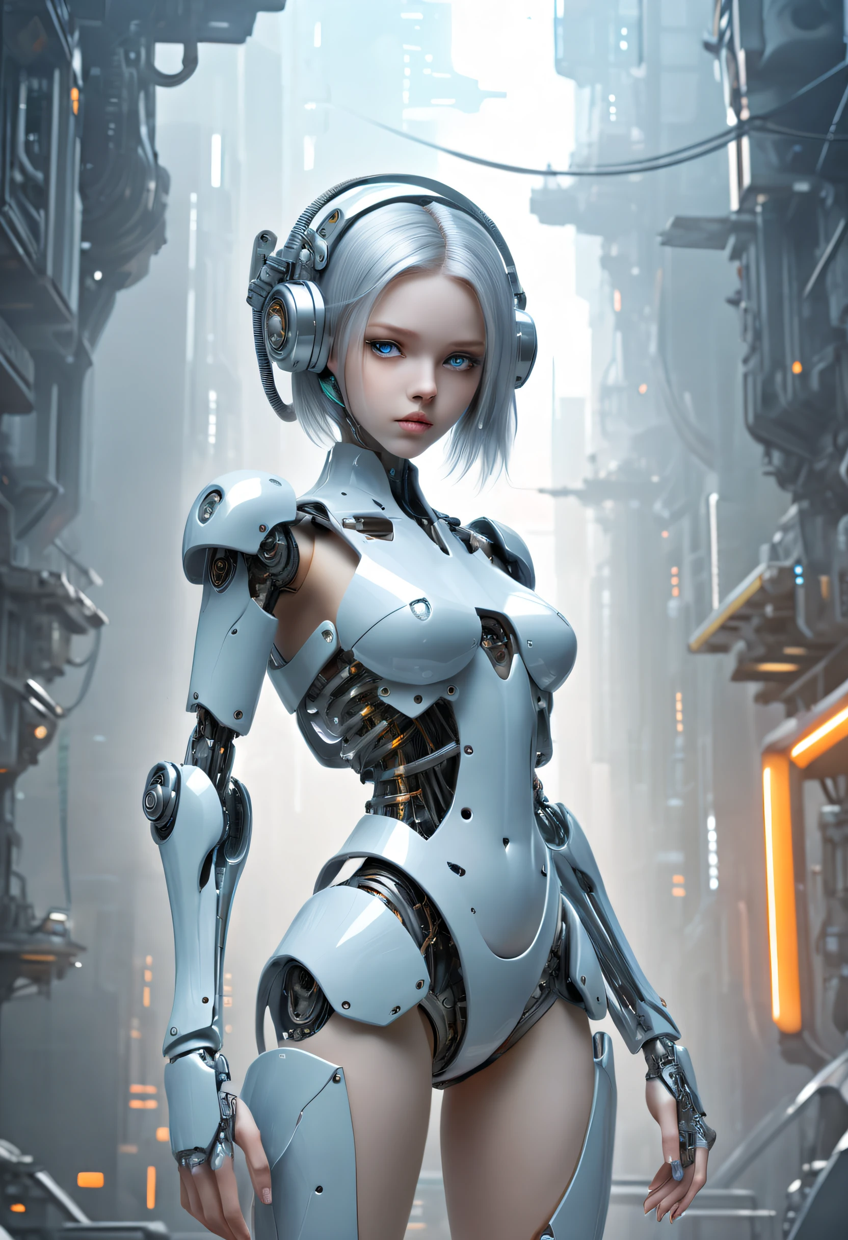 Bio mechanical cyborg girl, full body view,