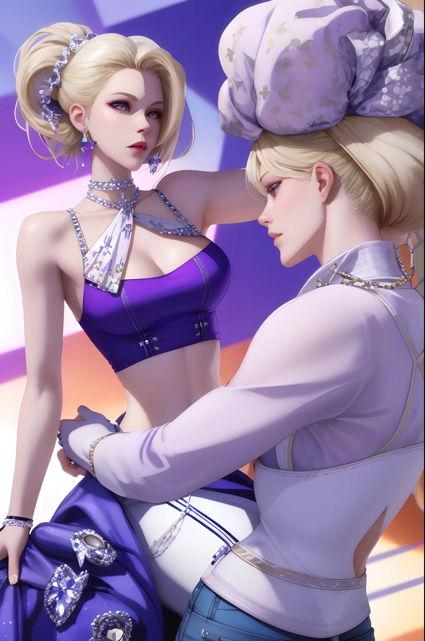 Median sizebody lady, skin white, MEDIUM blonde hair,crop top and jeans ,and , blue and purple tones on the name "topsounds""hearts, diamonds, pearls, illustration, 3d render, photo, realistic, illustration, typography, 3d render, fashion, photo, anime