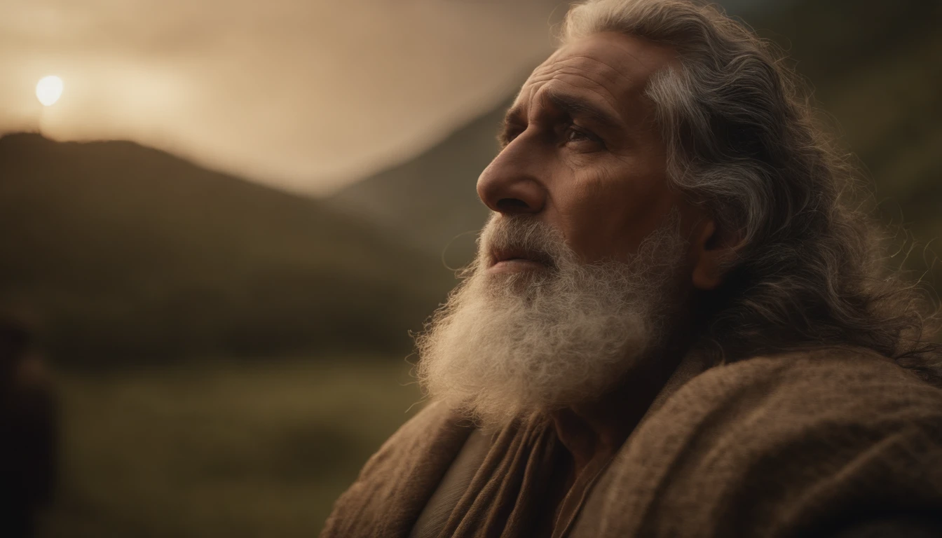 An image of old Noah's face, idoso cansado, em um plano celestial, com uma grande arca ao fundo da imagem, in a pose that represents his importance in history. ultrarrealista |. 8k