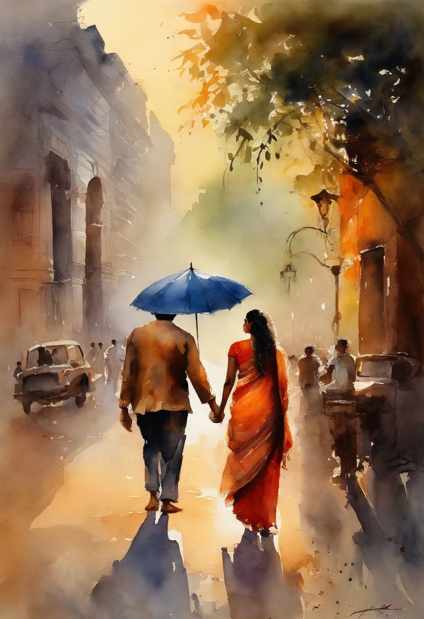 Mann and his wife stroll in beautiful evening sun, set against city of kolkata