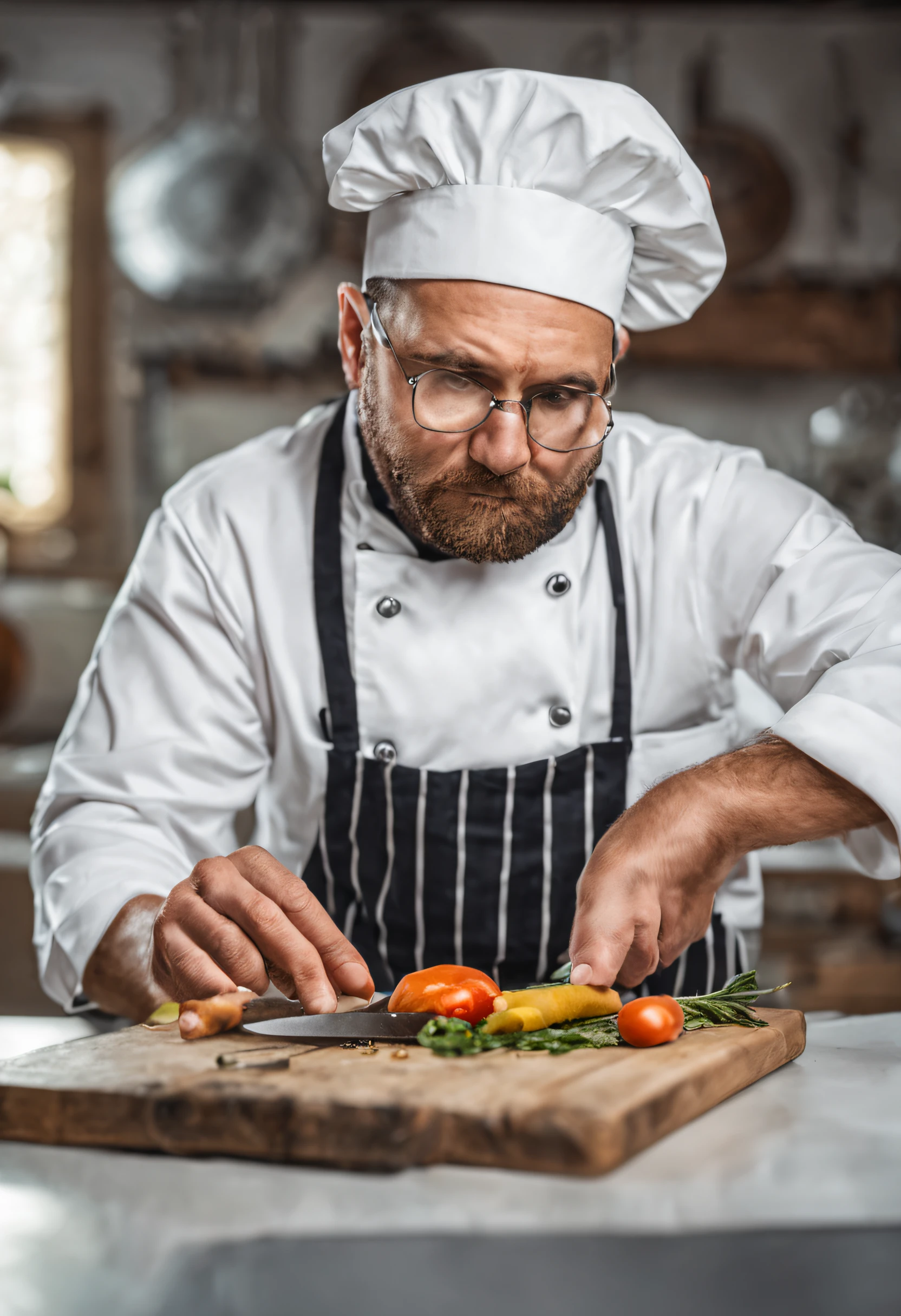 um chef de cozinha, He's worried, Thoughtful and holds a sharp knife with one hand