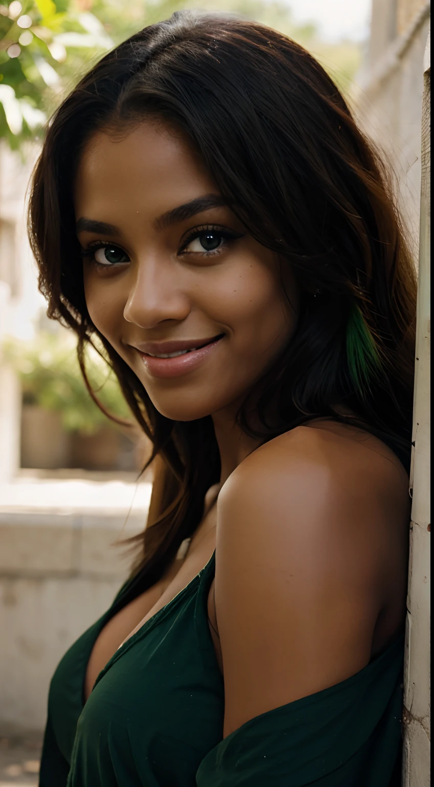 green eyes ebonny, looking at the camera, smile