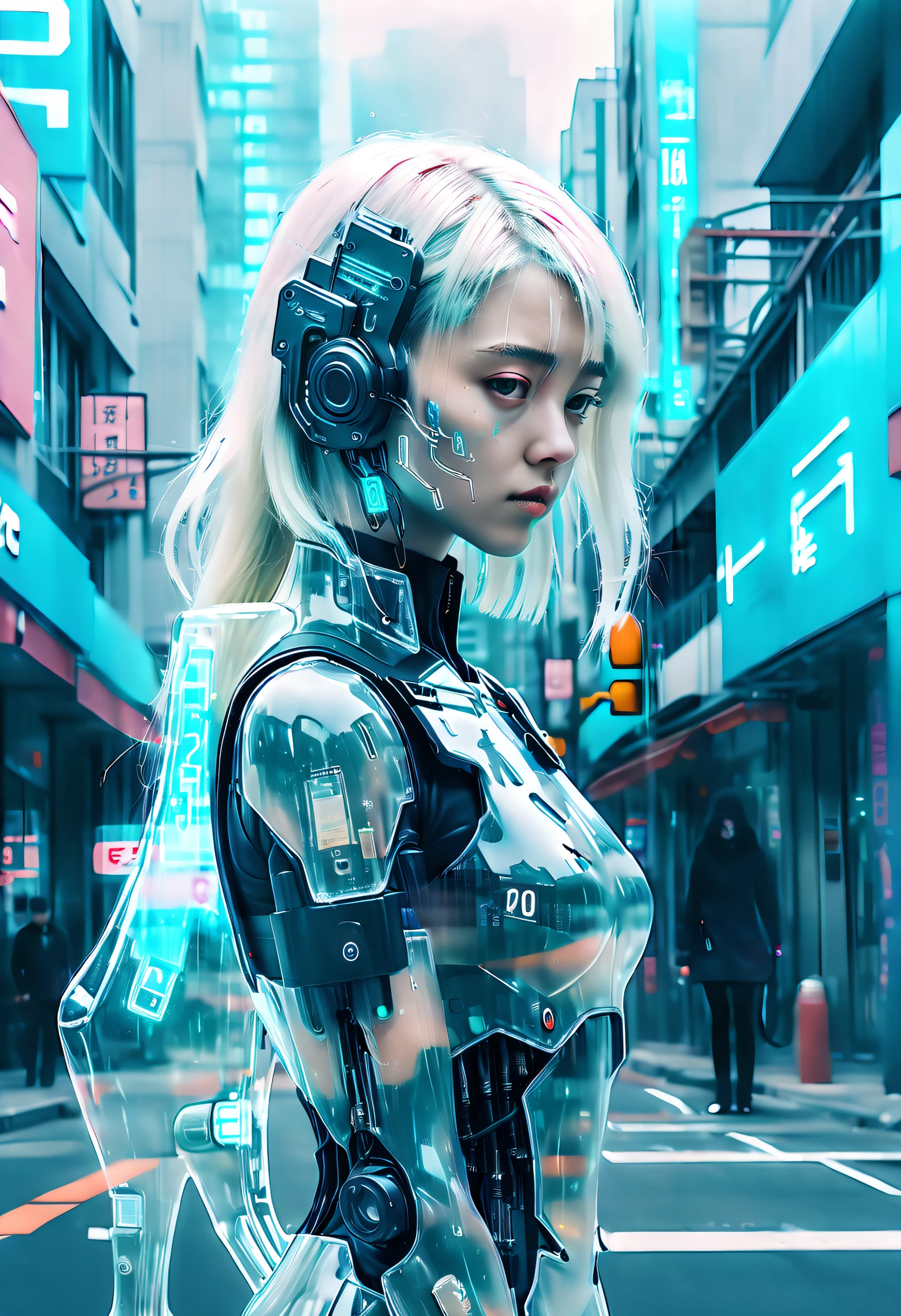 Complex illustrations in surrealist art style，mecha-girl，Futuristic girl，polaroid photograph, filmgrain,  (Cyberpunk:1.3), The new black,(desolving:1.3), (disintegrating:1.3), (disappear:1.3)
Incognito as a virtual hologram person， [European|Korean] Girlfriend says goodbye to the real world, her (Cyan:0.8) The appearance is (Transparent girl:1.3) (fading:1.3) (Numerical solubility:1.3) Into (Code flow:1.3). 
The background is (Numbers Numbers:1.3)