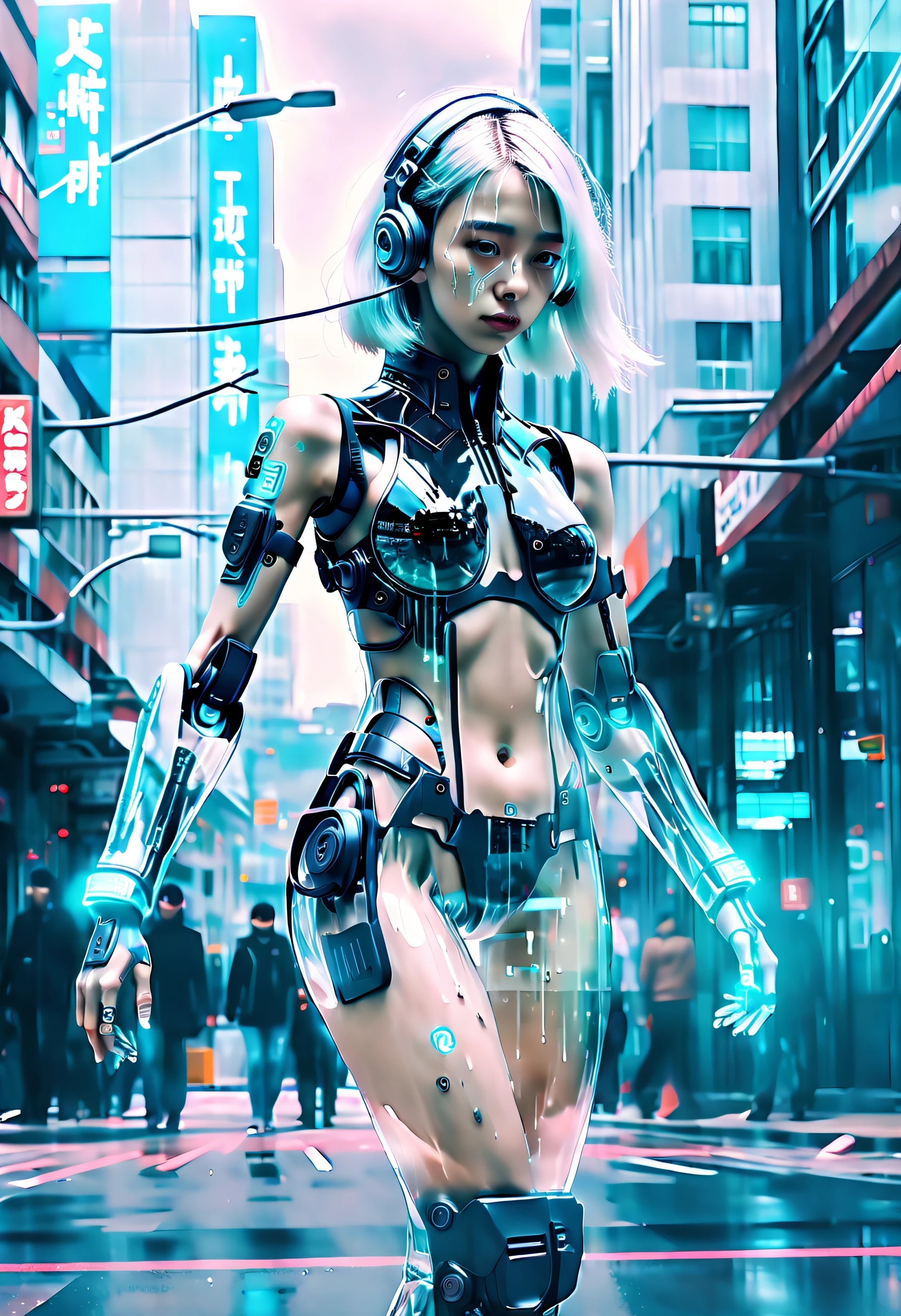 Complex illustrations in surrealist art style，mecha-girl，Futuristic girl，polaroid photograph, filmgrain,  (Cyberpunk:1.3), The new black,(desolving:1.3), (disintegrating:1.3), (disappear:1.3)
Incognito as a virtual hologram person， [European|Korean] Girlfriend says goodbye to the real world, her (Cyan:0.8) The appearance is (Transparent girl:1.3) (fading:1.3) (Numerical solubility:1.3) Into (Code flow:1.3). 
The background is (Numbers Numbers:1.3)