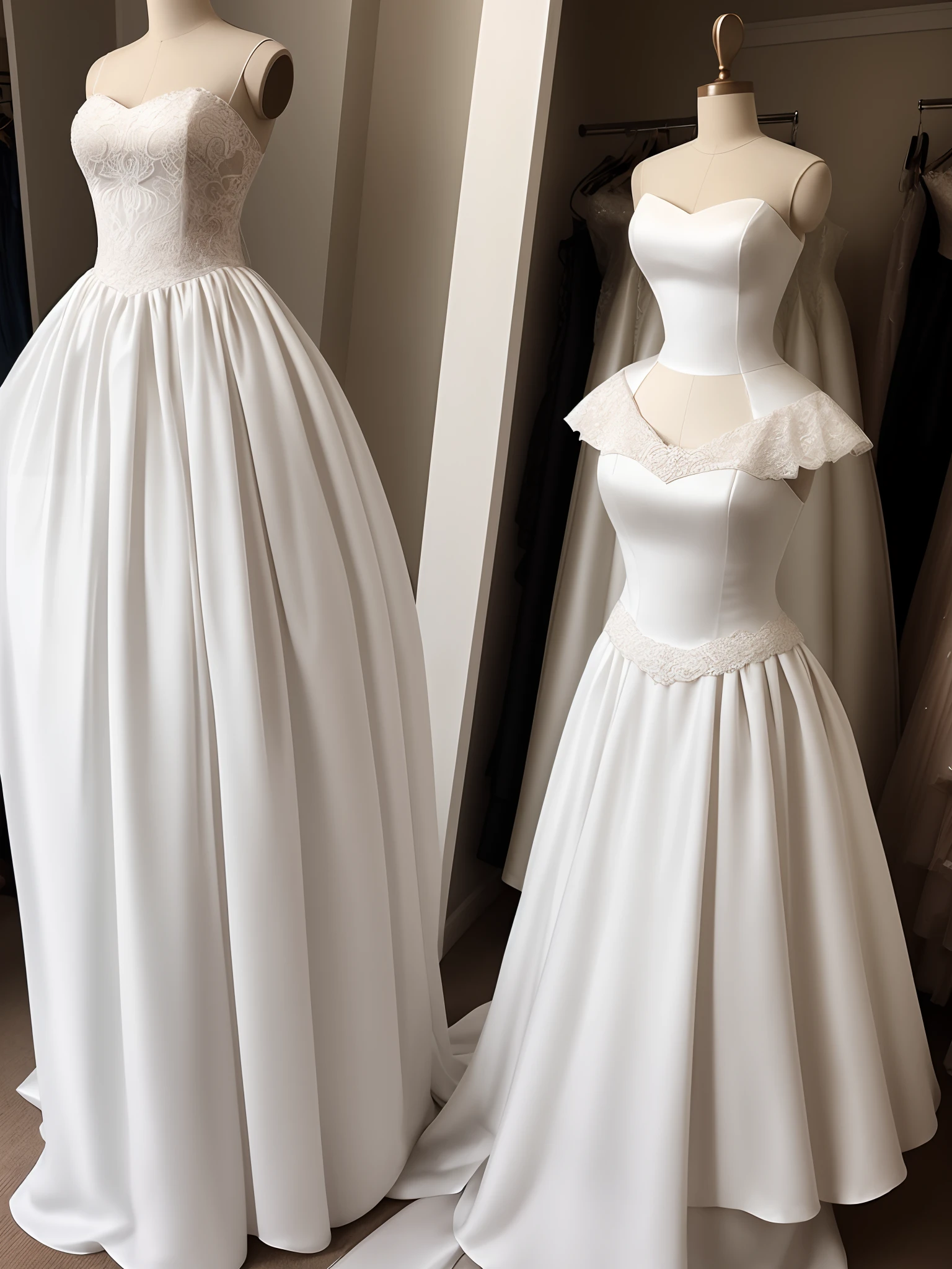 A simple wedding dress displayed on a mannequin