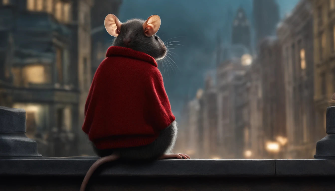 Rat in red sweater looking at Batman who is looking at the city