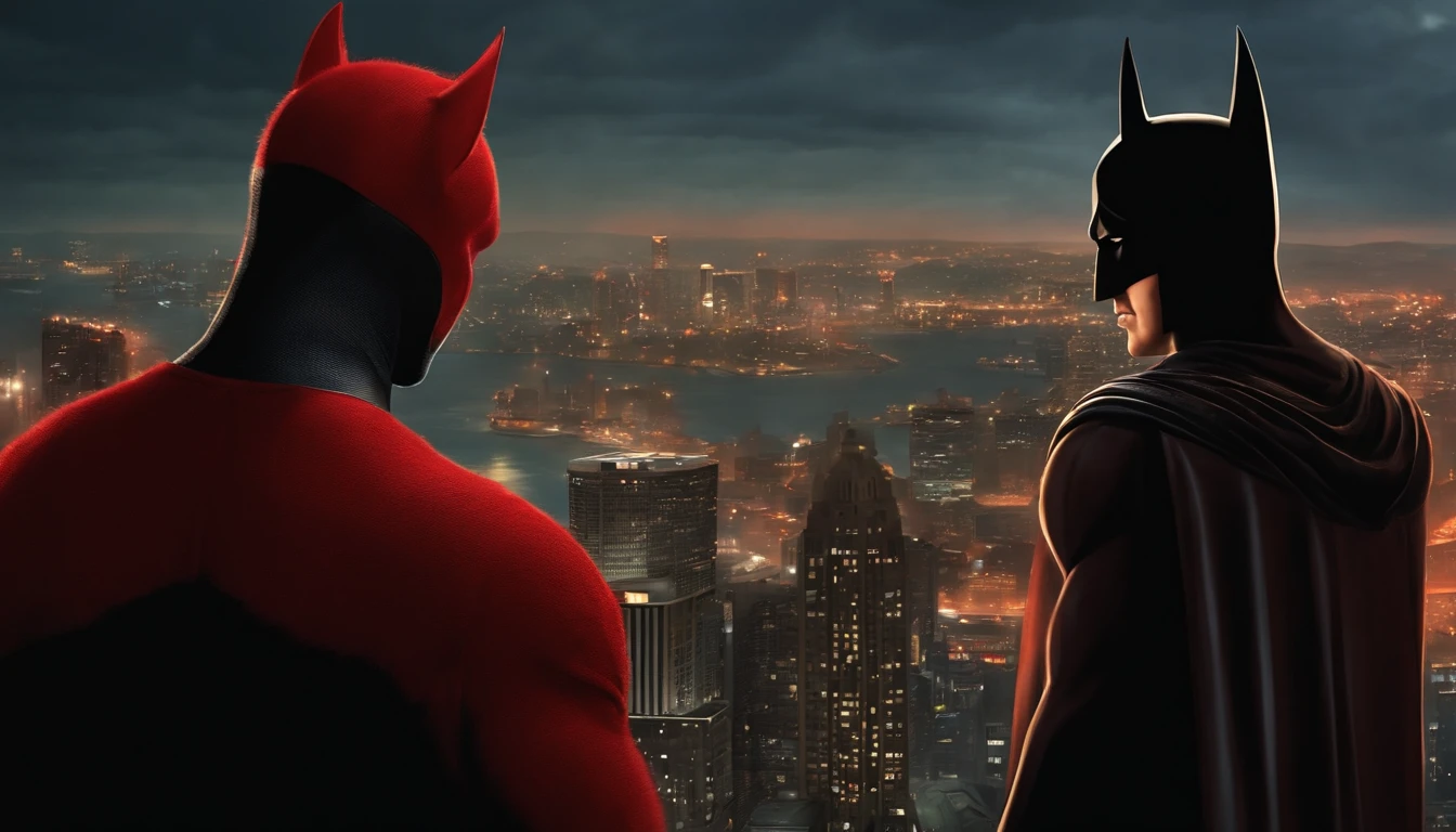 Rat in red sweater looking at Batman who is looking at the city