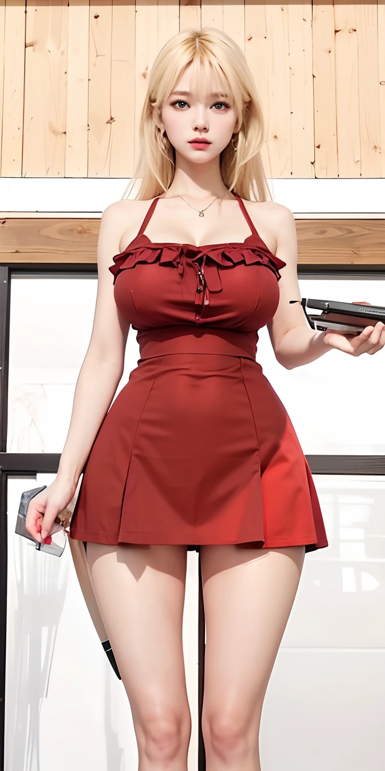 1girl,huge breast, blonde hair,red clothes, ultra detailed, masterpiece, realistic