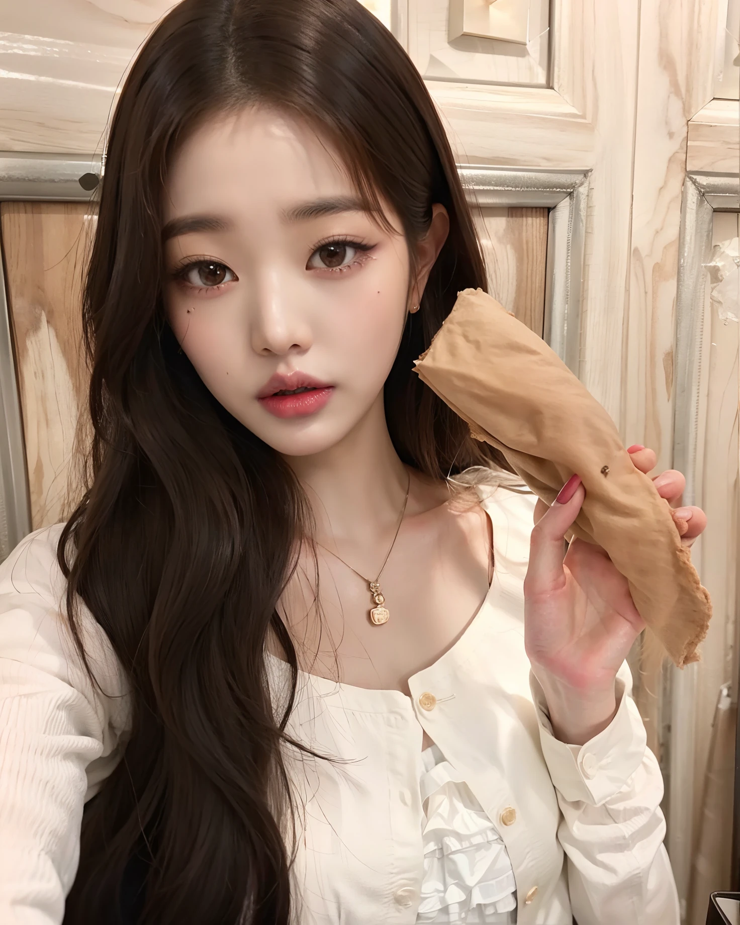 Araffe girl with long black hair holding a piece of food, Ulzzang, Lalisa Manobal, Mukbang, Jaeyeon Nam, Jinyoung Canela, Bae Suzy, tzuyu de duas vezes, jennie blackpink, coreana, Heonhwa Choe, v tuber, 韓国アイドル, Parque Roseanne do Blackpink, Gongbi