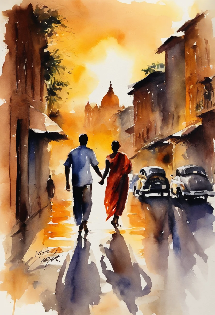 Man and his wife stroll in beautiful evening sun, set against city of kolkata