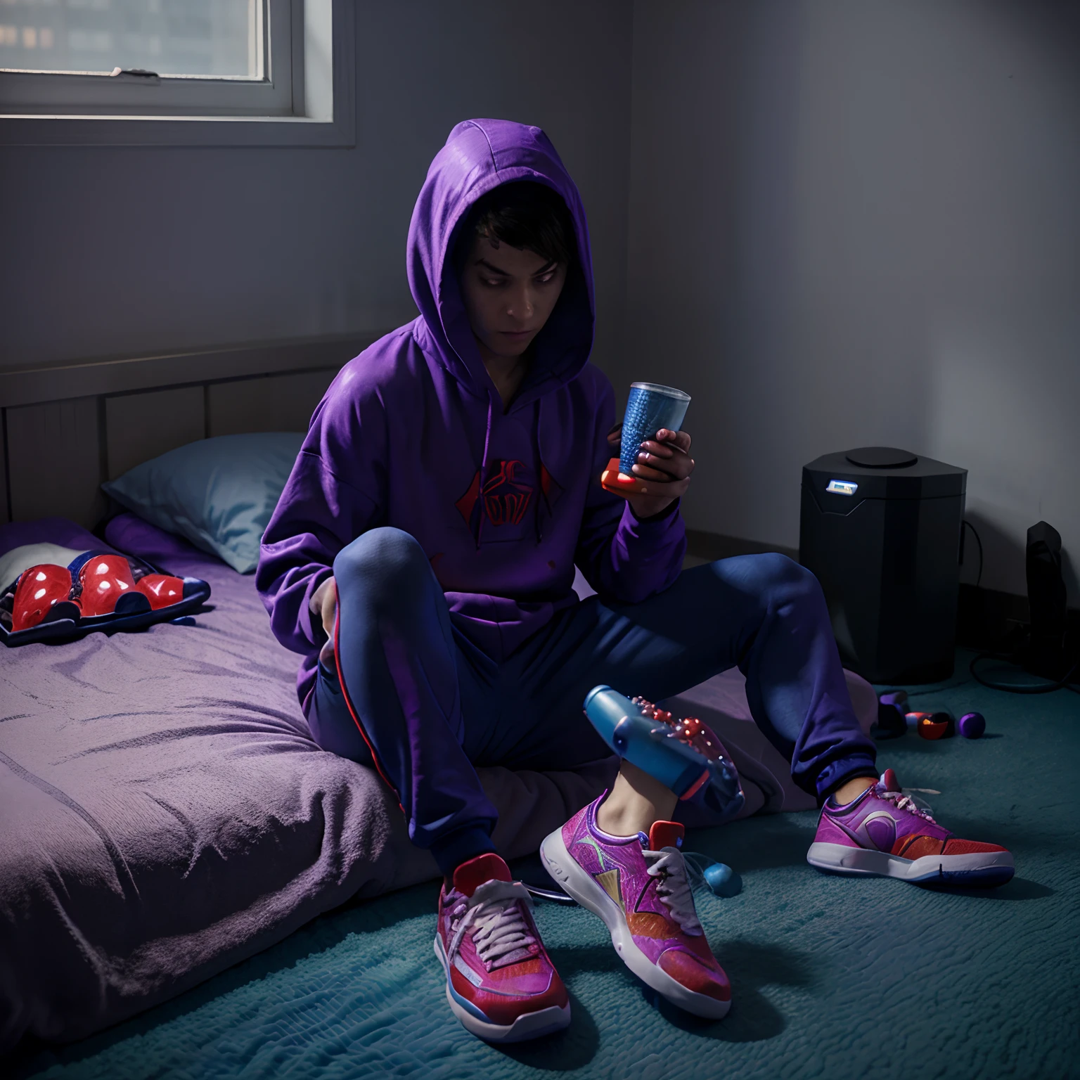 hyper realistic Spider-Man sitting on a bed in a room with a window that has rain outside and there  wearing a hoodie, joggers, and glowing blue Jordan fives and they look sad and they are holding a foam cup with purple glowing liquid inside and purple pills next to them on the bed and floor