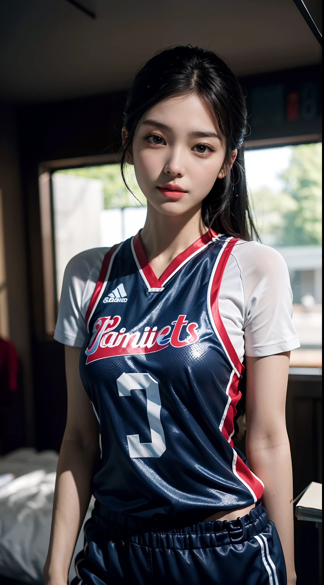 Top quality, 超高分辨率, (Photorealistic: 1.4), 8K resolution, (Woman in basketball uniform), (Random hair: 1.3), (photo-realistic hair: 1.2), (Realistic eyes: 1.2), (beautfully face: 1.3), (Large breasts:1.3), (Wet skin: 1.2),(Dynamic Angle:1.1),sweat leggs,at basketball court,low chest,无袖,(White thighs)(Cowboy shot)
