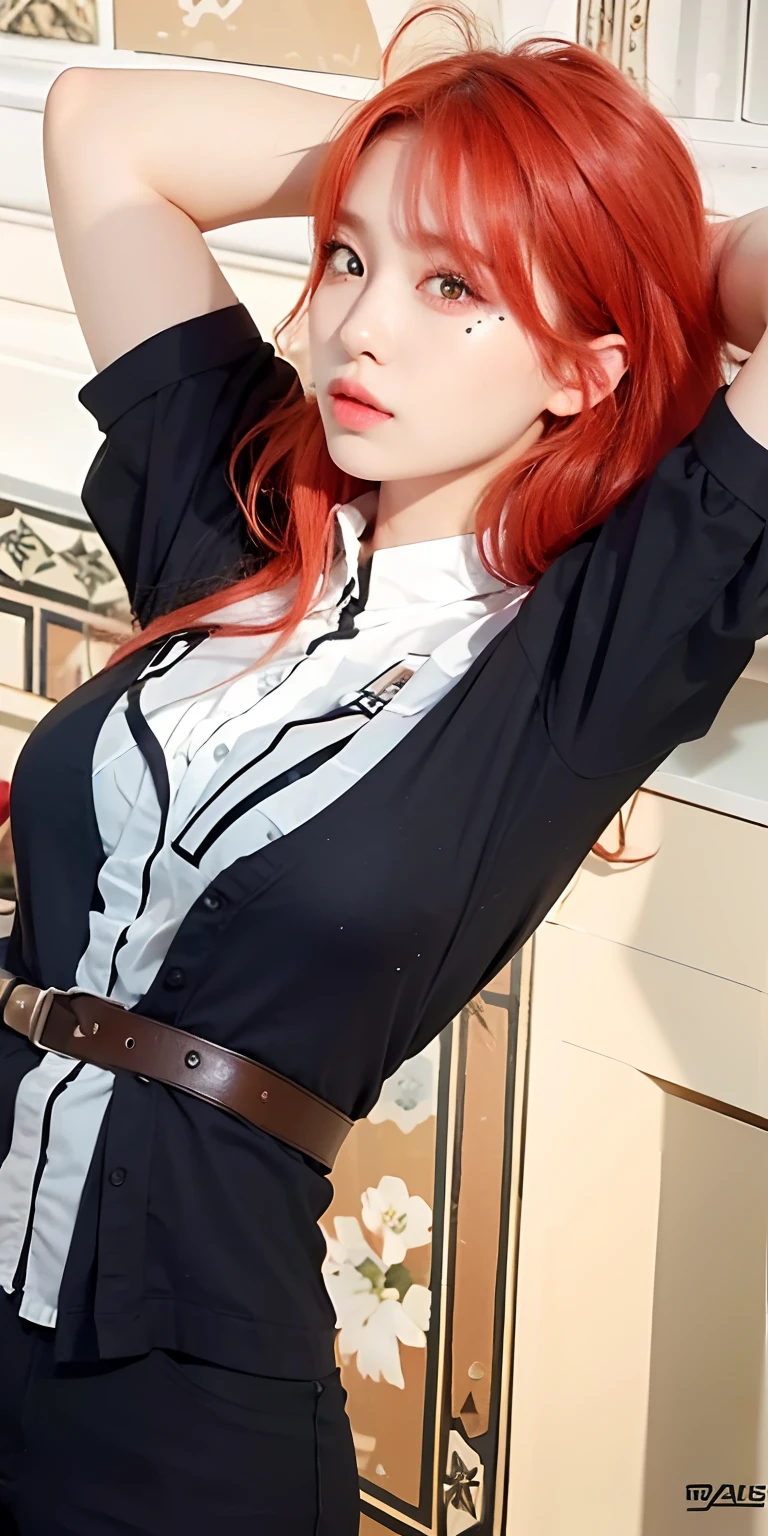 ((best quality)), ((Masterpiece)), (details:1.4), 3d,, HDR (high dynamic range), mature woman, ผมหางม้าสูง, Red hair, Red eyes, PBR surface, After processing, Anisotropic filtration,depth of field, Maximum clarity and clarity, multi-layered surface, perfect proportions, 8K raw files, at night, ผมหลายชั้น, Short skirt, military uniform, jacket, shirt, 