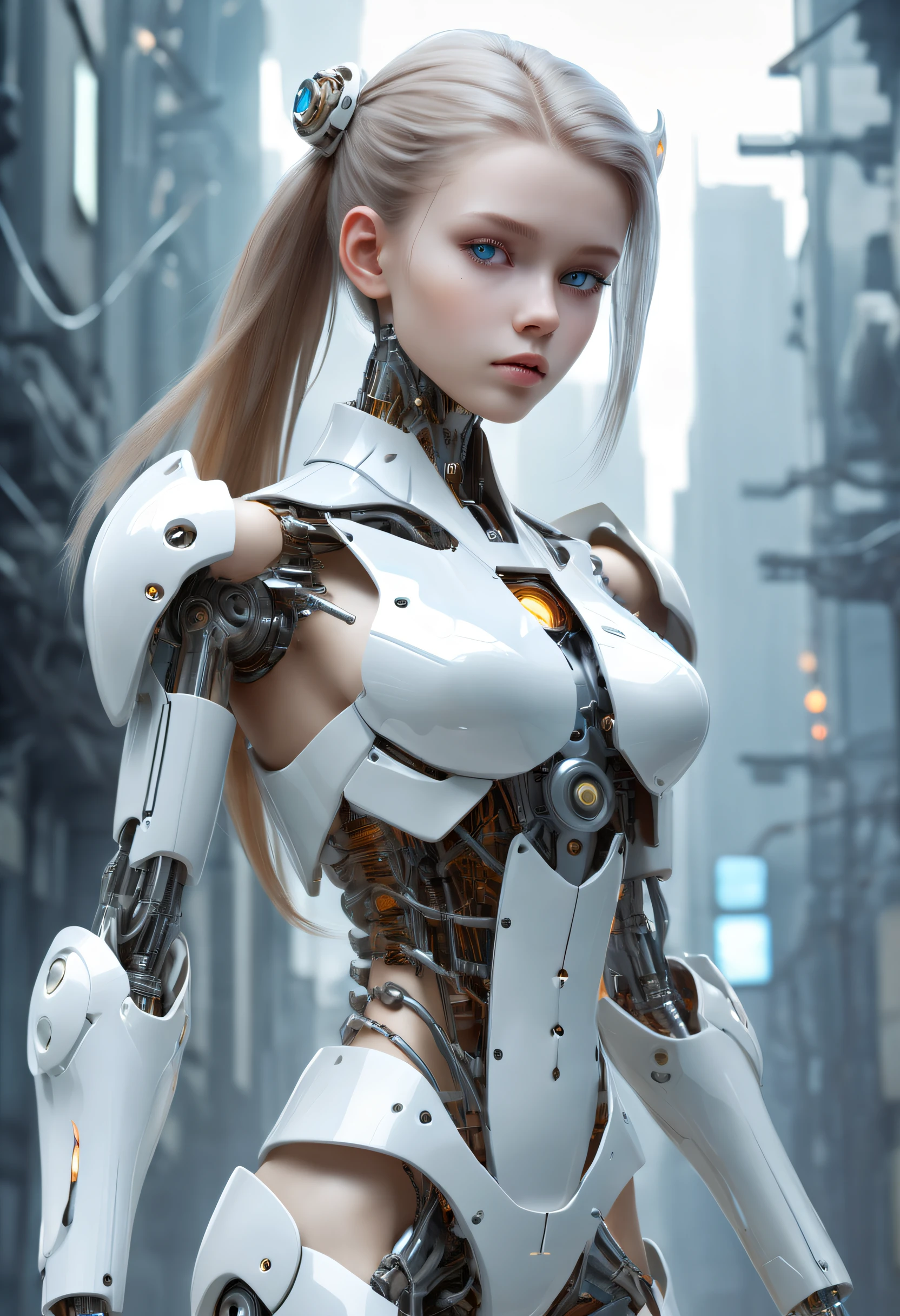 Translucent ethereal mechanical girl,Futuristic girl,Mechanical joints,mecha-girl,futuristic urban background