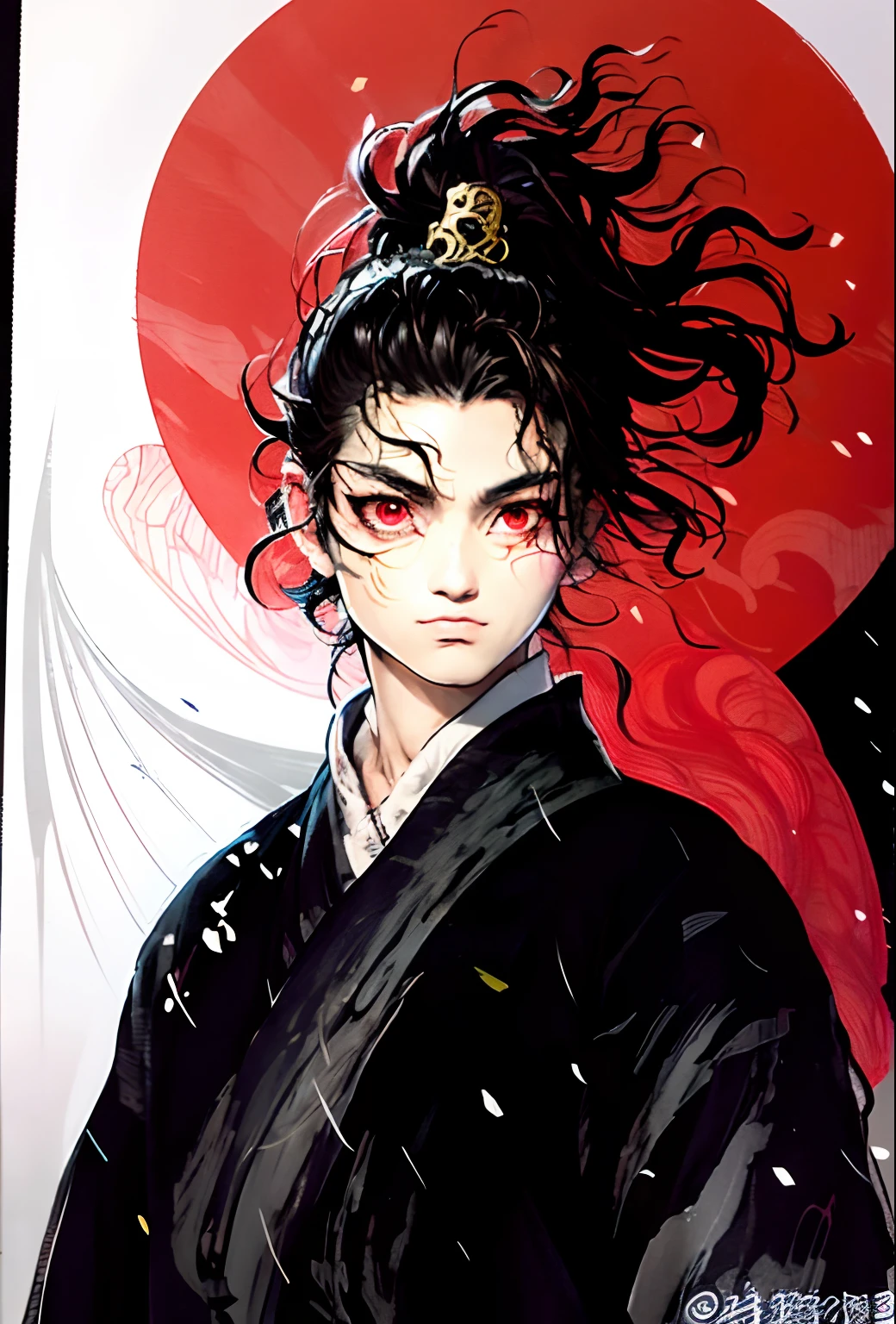 a drawing of a young man with a black hair and a black kimono, demon slayer rui fanart, manga painting, ink manga drawing, psycho eyes, slight smile , akira from chinese mythology, takehiko inoue, manga style of kentaro miura