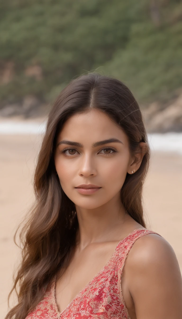 qualidade superior、obra prima、retrato de corpo inteiro、(Fotorrealista:1.4)、FOTO CRU、Uma mulher nua、Textura facial detalhada、indian girl Cool summer beach without Bikini、