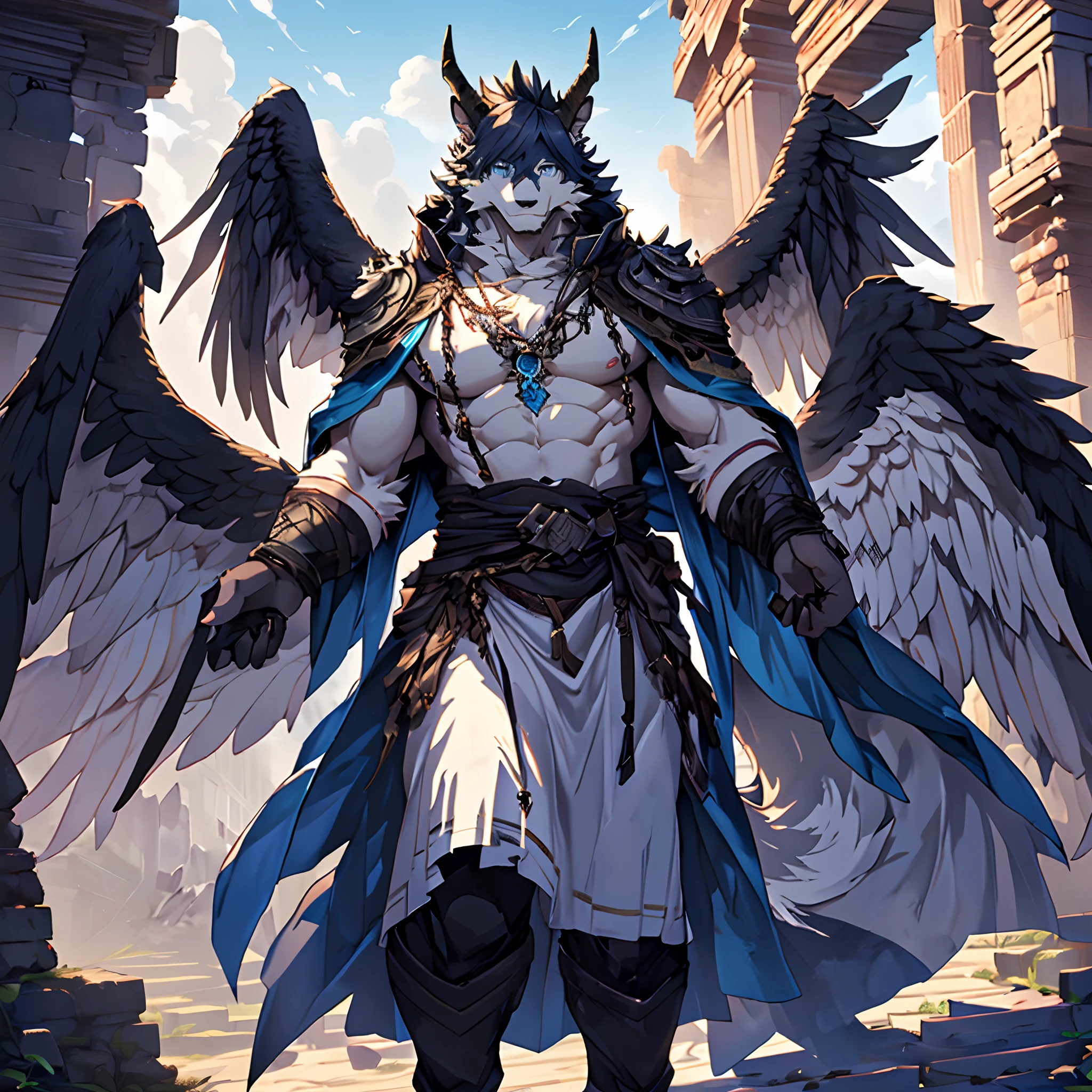 white wolf， A pair of male horns Black angel wings Clear blue eyes Handsome smile Sturdy gray robe Bare chest muscles Posture Waiting for someone to throw into the arms Gloomy sky Ruins Masterpiece ruins of the highest quality Exquisite details，structurally correct