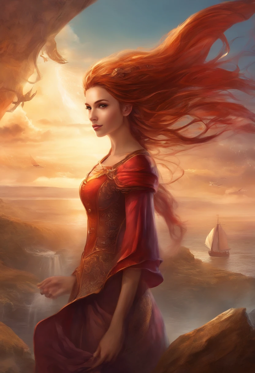 best quality, master part, Very high resolution, (fotorrealista: 1.5), Foto RAW, 1 girl, silhueta completa, estilo de carimbo, Airship in the background, bareshoulders, mamas expostas, No escuro, na praia, Sunset, sombra profunda , tom escuro, luz fria, olhar sexy, steampunk longo cabelo vermelho encaracolado