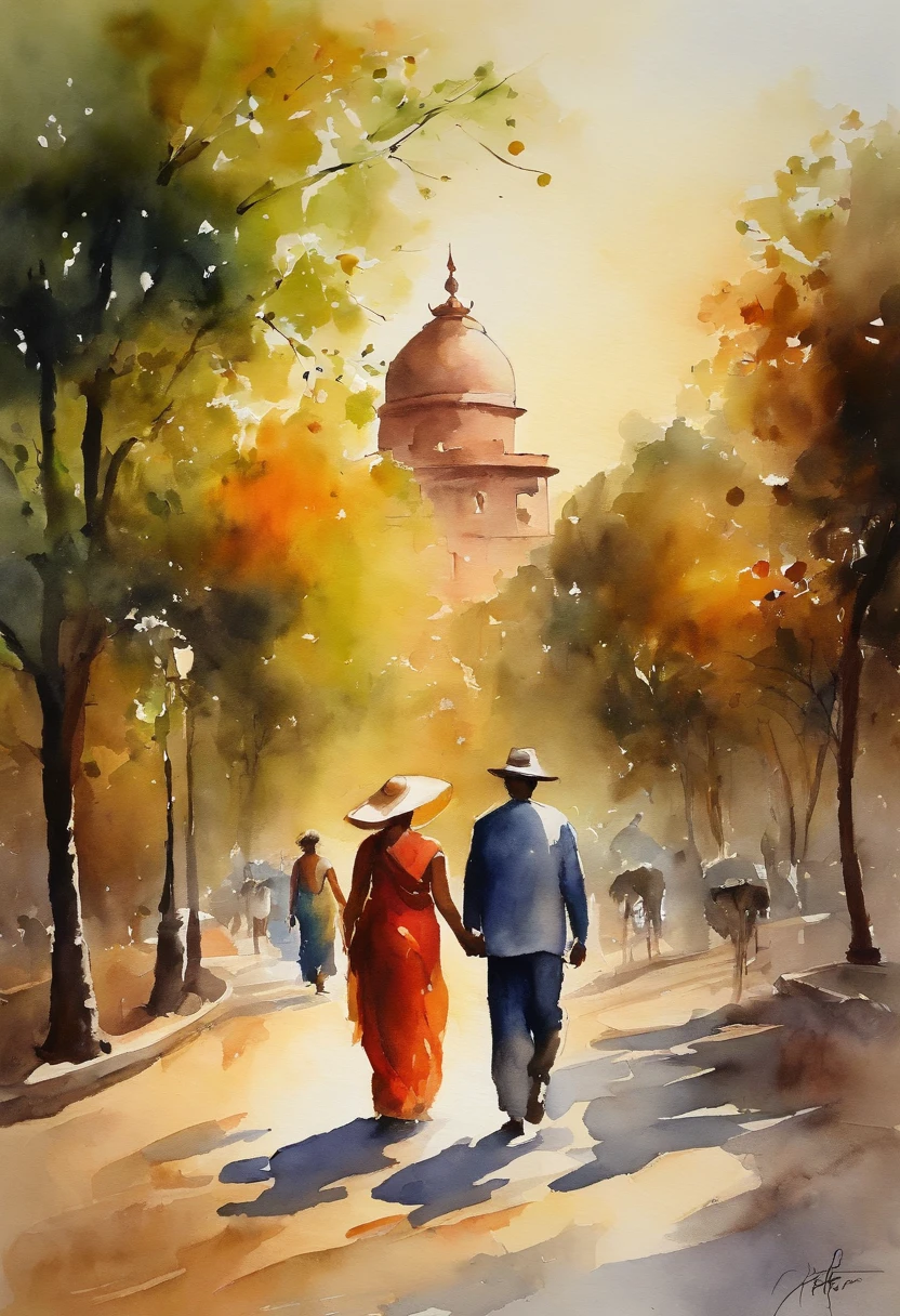 Man and his wife stroll in beautiful evening sun, set against city of new delhi